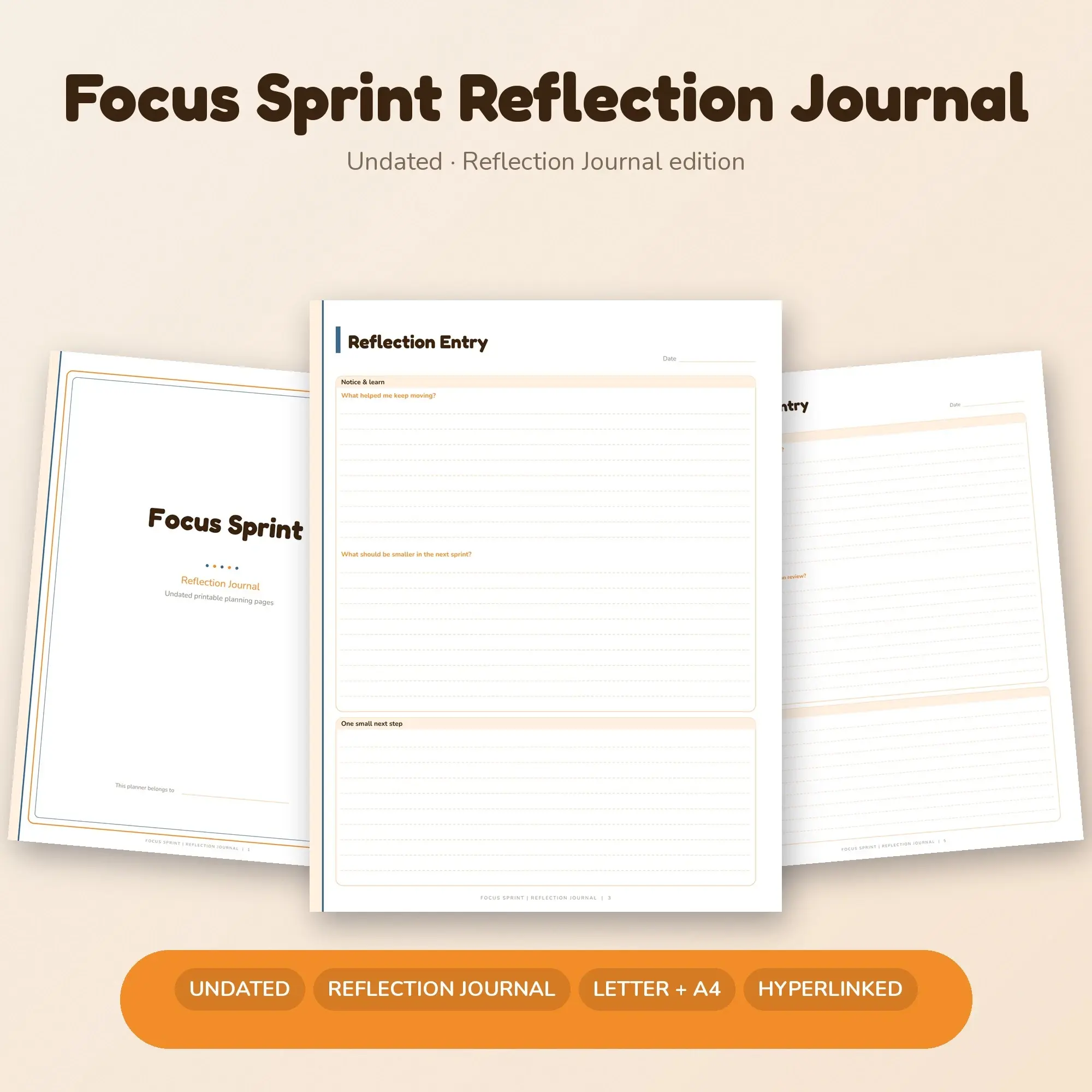 Focus Sprint Reflection Journal Planner PDF - Tangerine preview