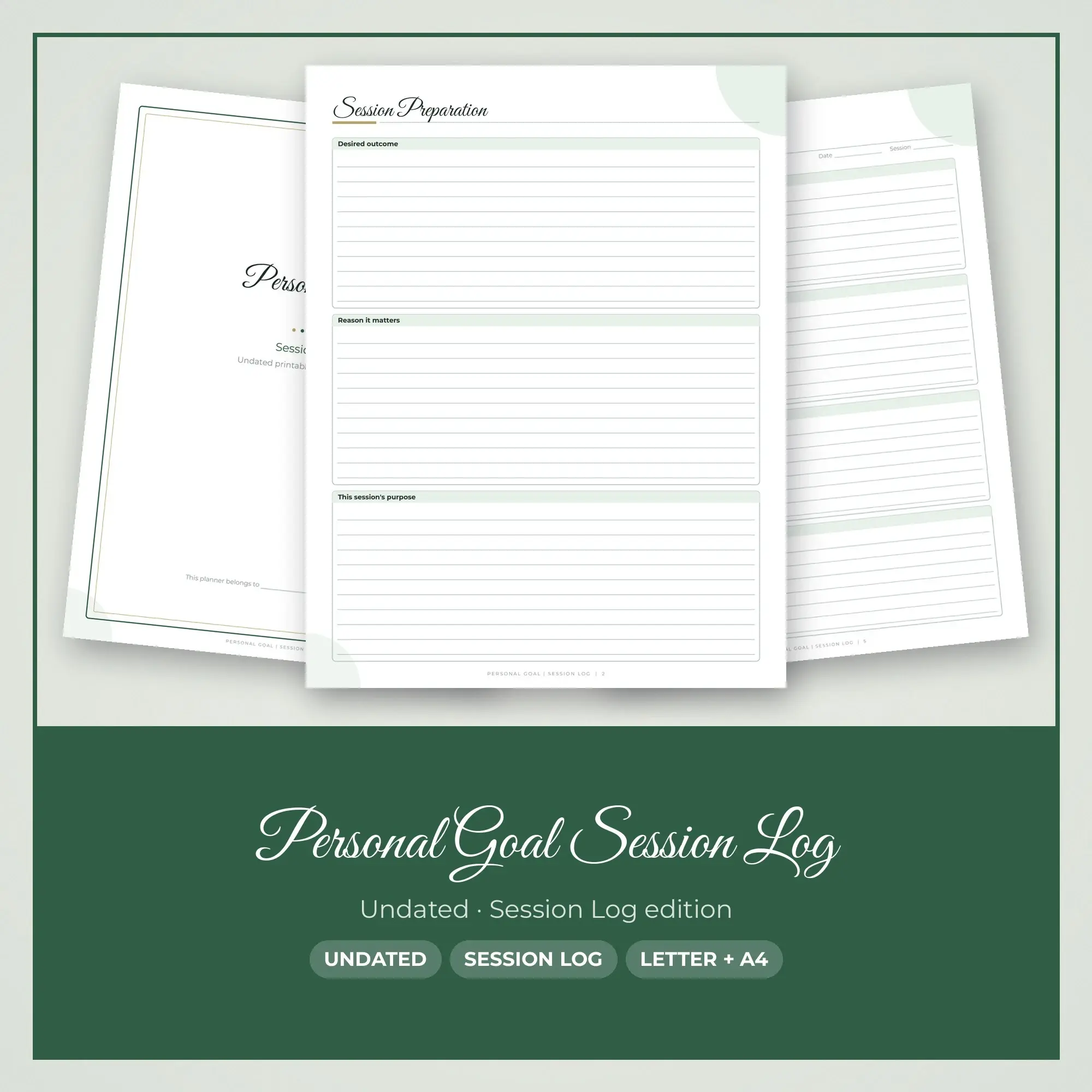 Personal Goal Session Log Planner PDF - Forest preview