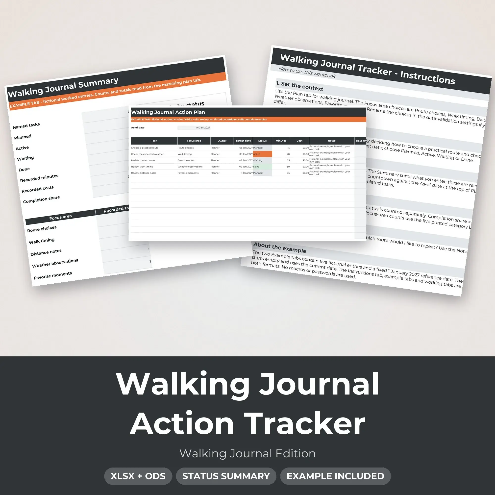 Walking Journal Action Tracker Spreadsheet, XLSX + ODS preview