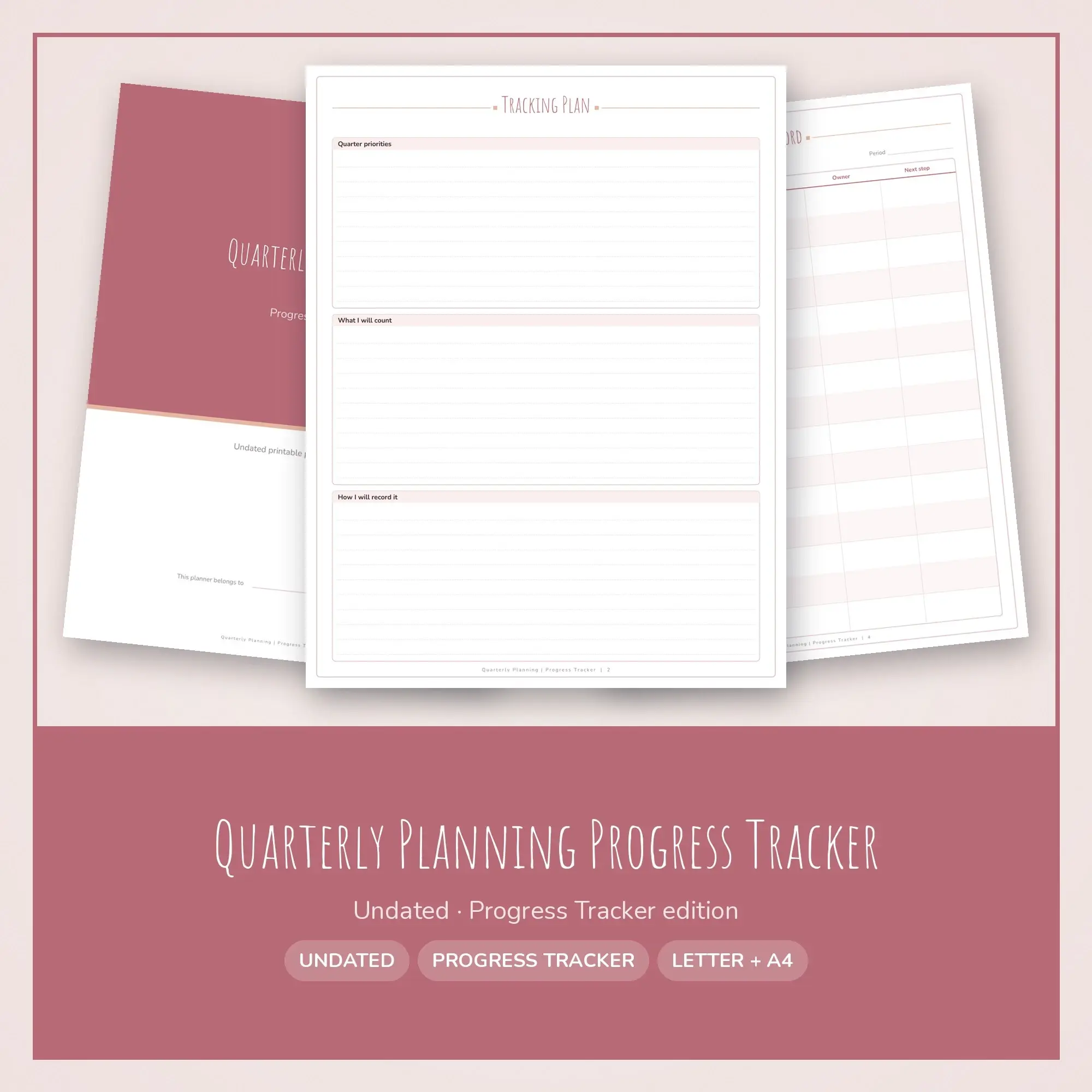 Quarterly Planning Progress Tracker Planner PDF - Dusty Rose preview