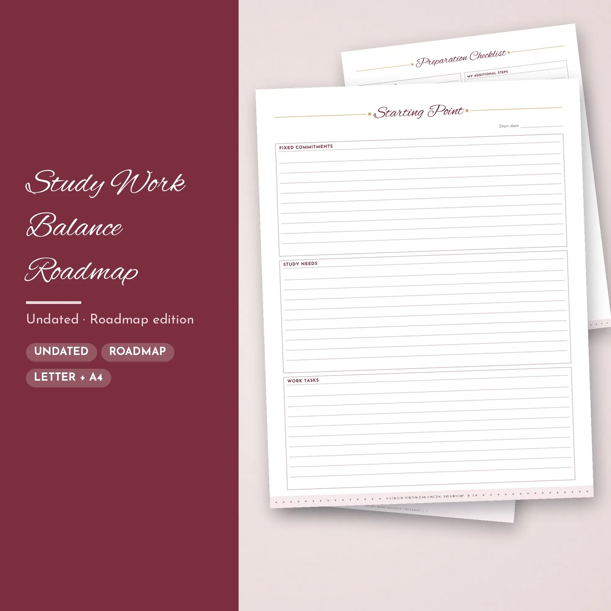Study Work Balance Roadmap Planner PDF - Burgundy preview