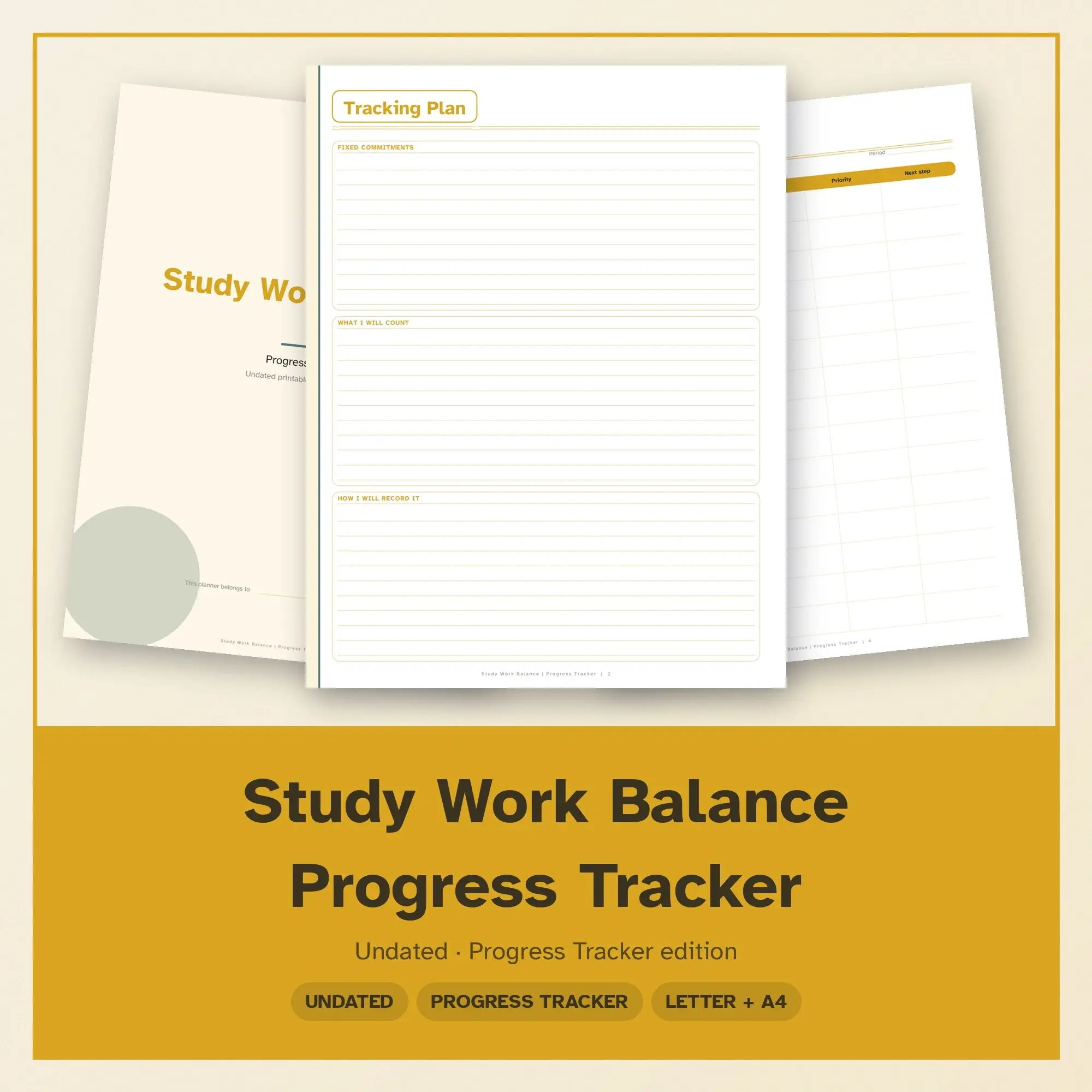 Study Work Balance Progress Tracker Planner PDF - Mustard preview