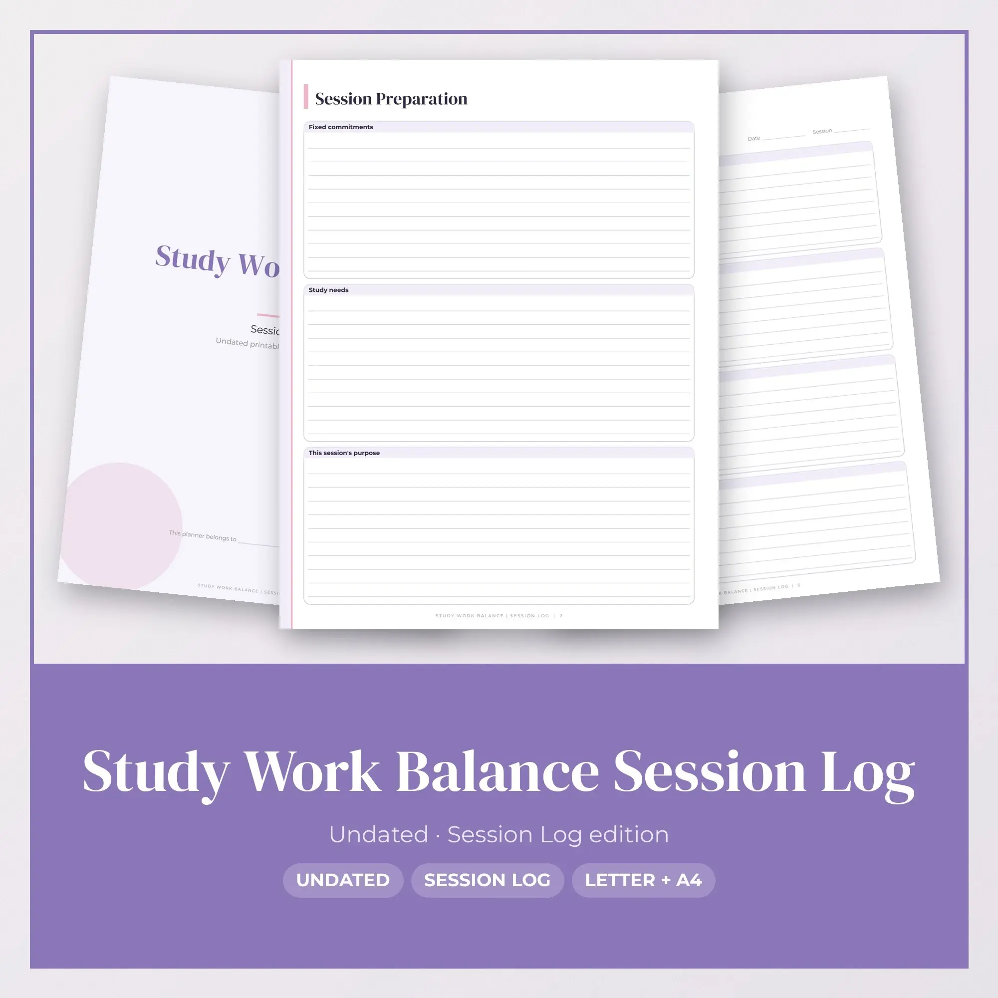 Study Work Balance Session Log Planner PDF - Lavender preview