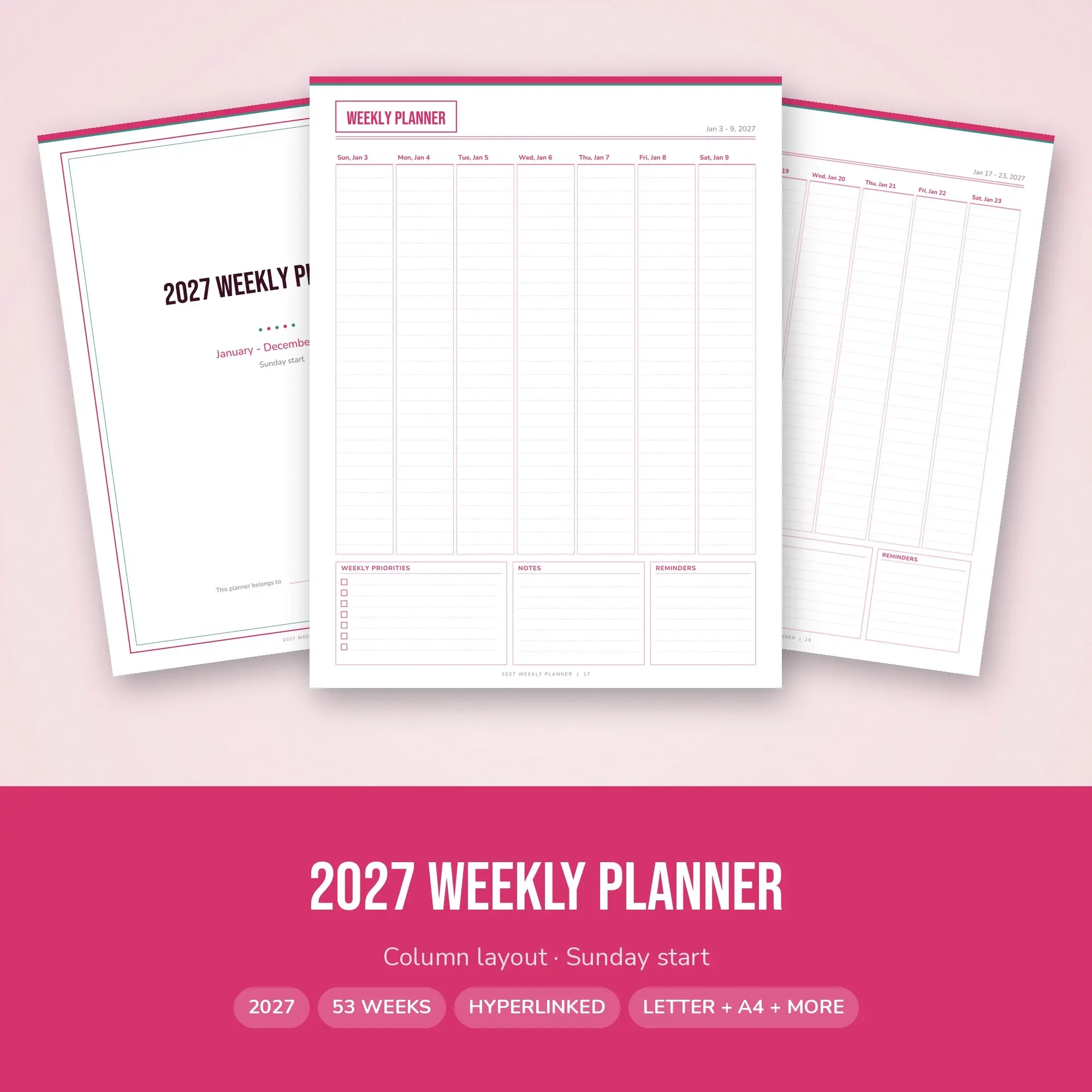 2027 Weekly Planner Hyperlinked Digital + Printable PDF, Raspberry preview