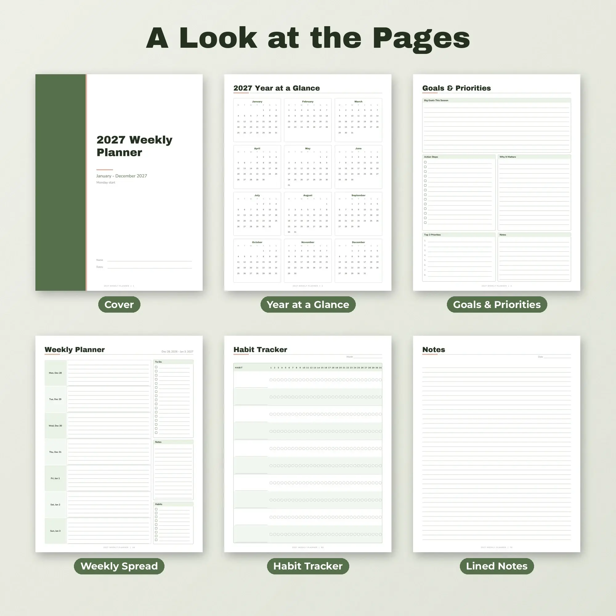 Printable 2027 Weekly Agenda, Row-by-Day Layout, Moss, preview 2 of 2
