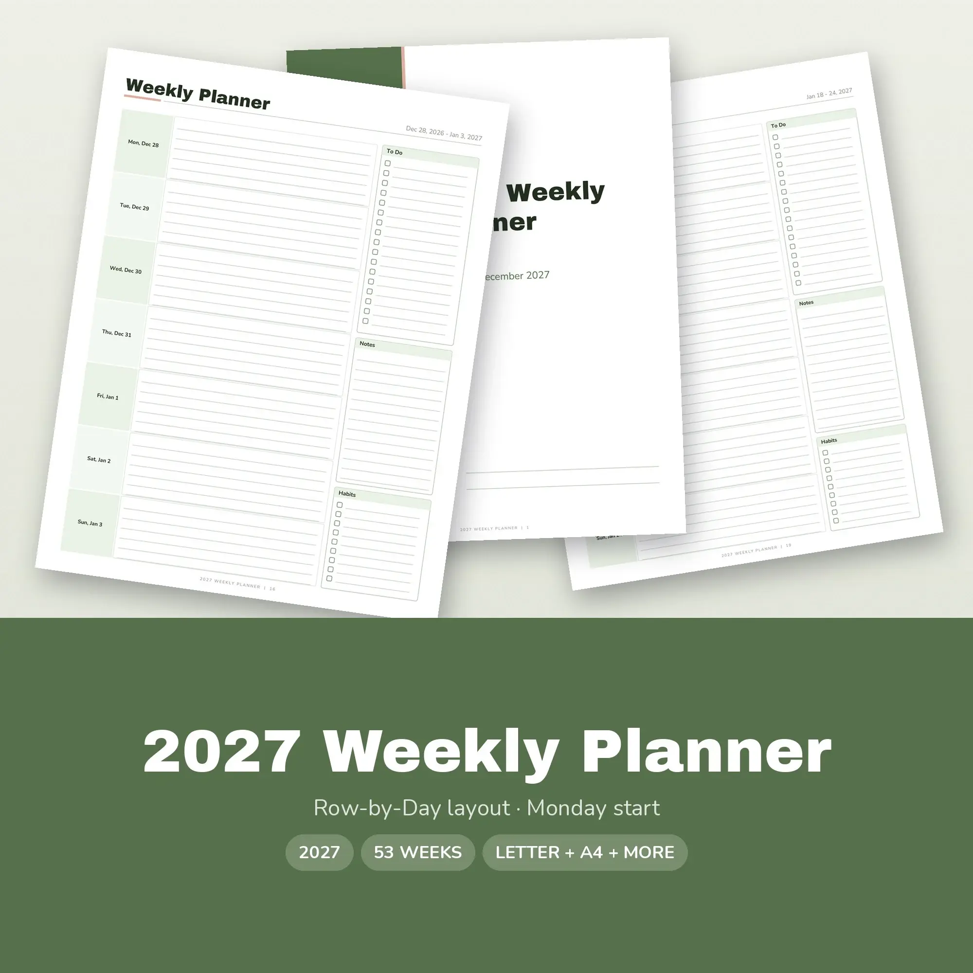 Printable 2027 Weekly Agenda, Row-by-Day Layout, Moss preview