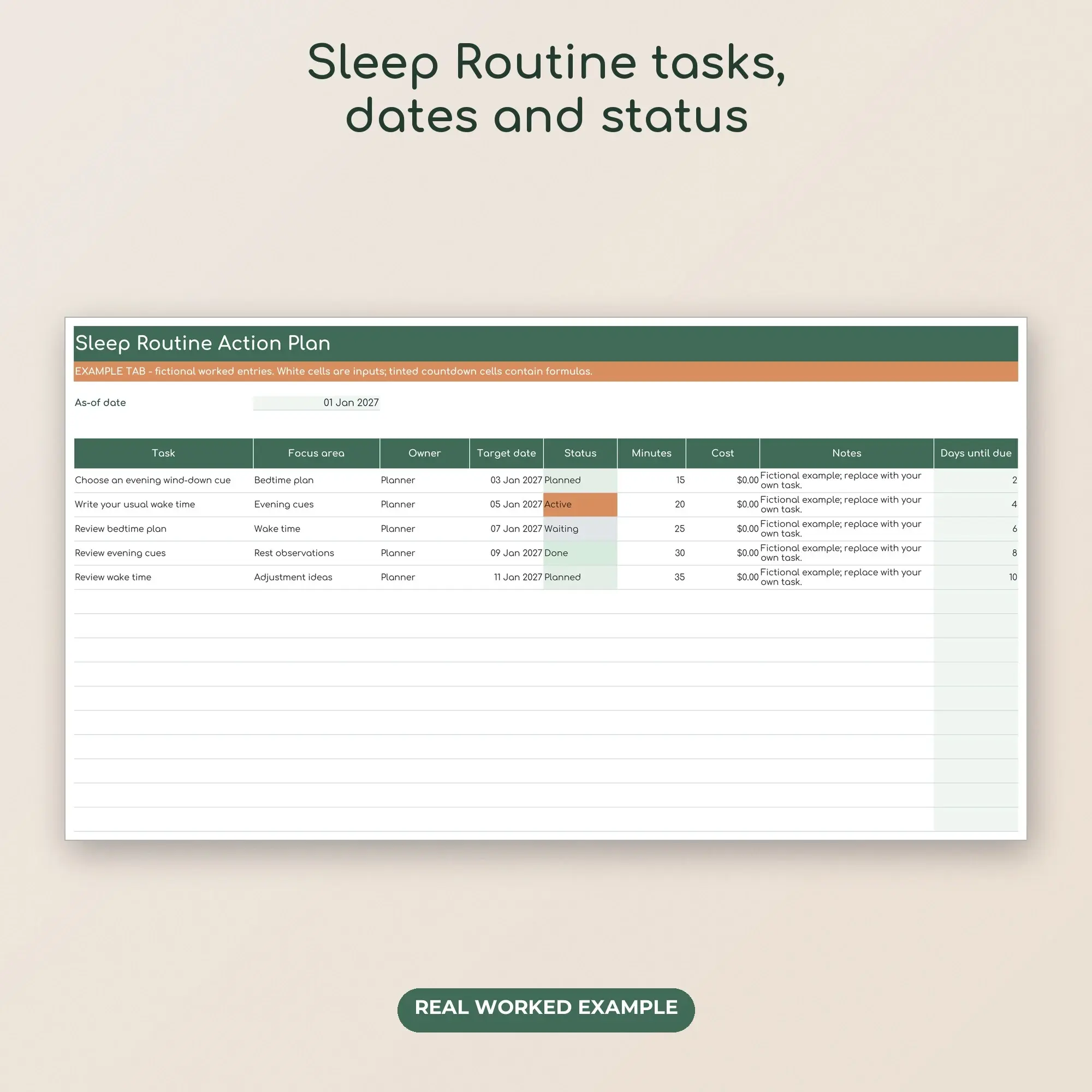 Sleep Routine Action Tracker Spreadsheet, XLSX + ODS, preview 2 of 2