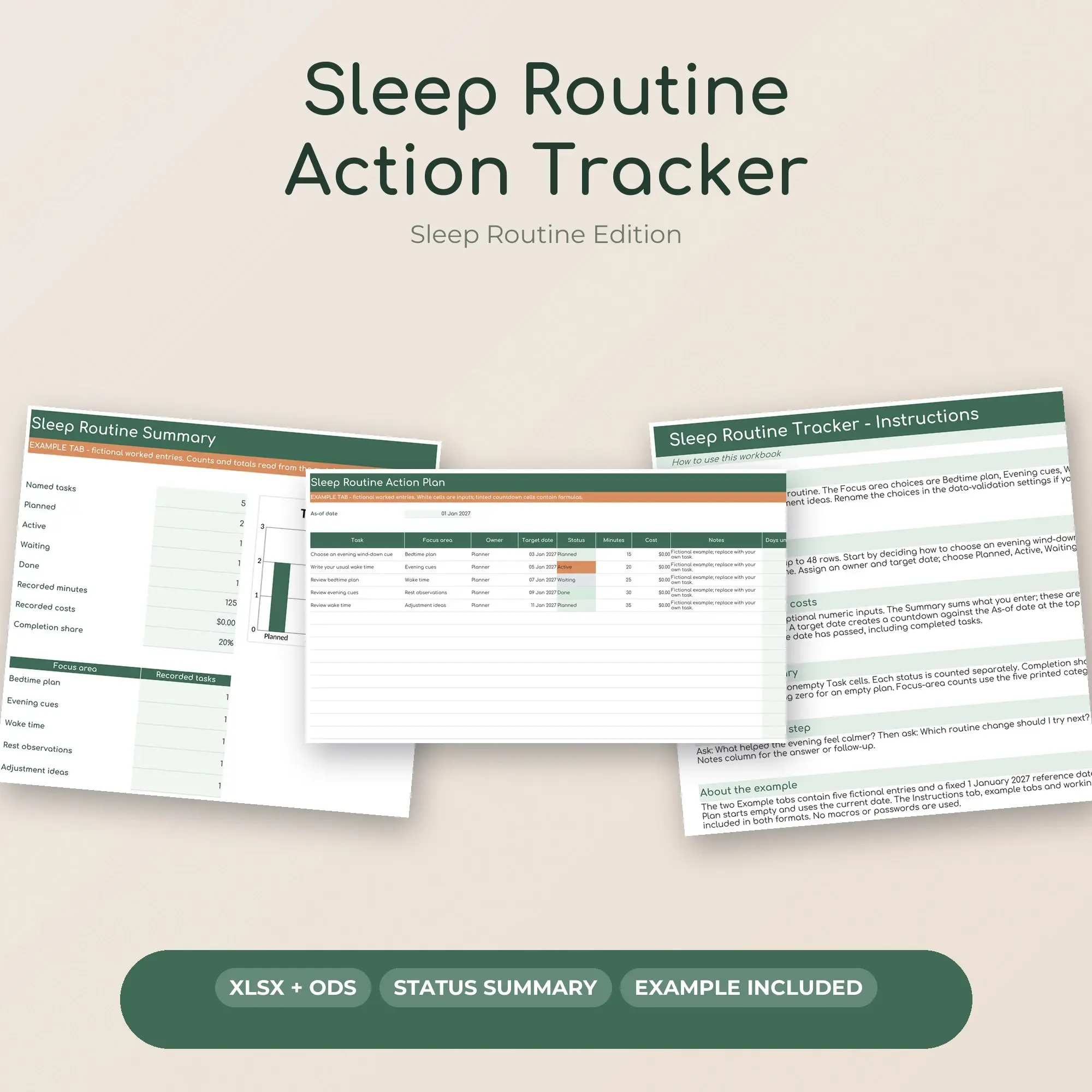 Sleep Routine Action Tracker Spreadsheet, XLSX + ODS, preview 1 of 2