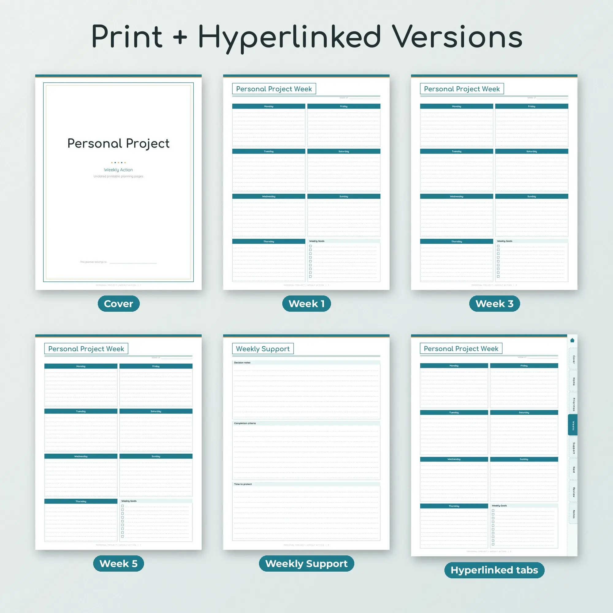 Personal Project Weekly Action Planner PDF - Ocean Teal, preview 2 of 2