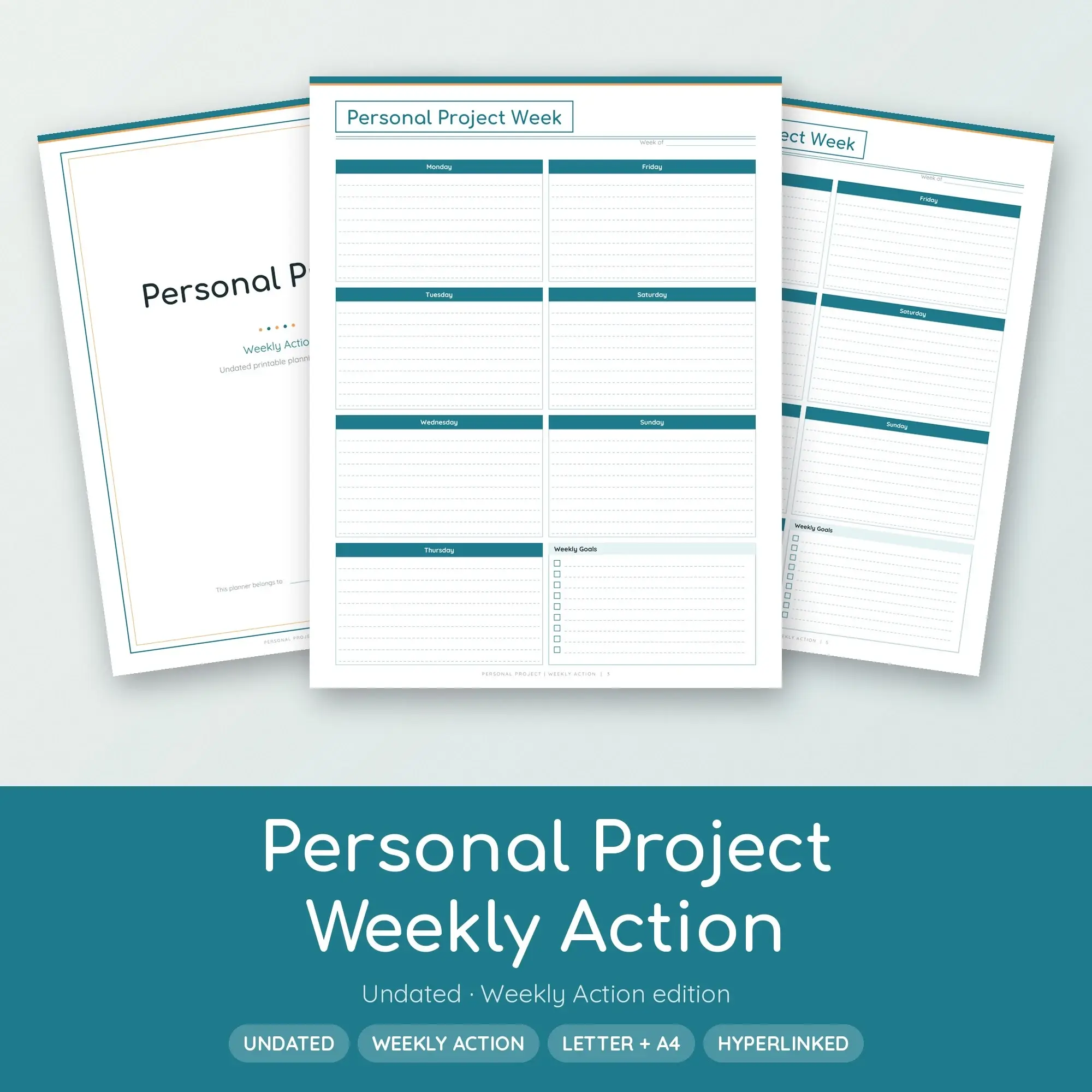 Personal Project Weekly Action Planner PDF - Ocean Teal, preview 1 of 2