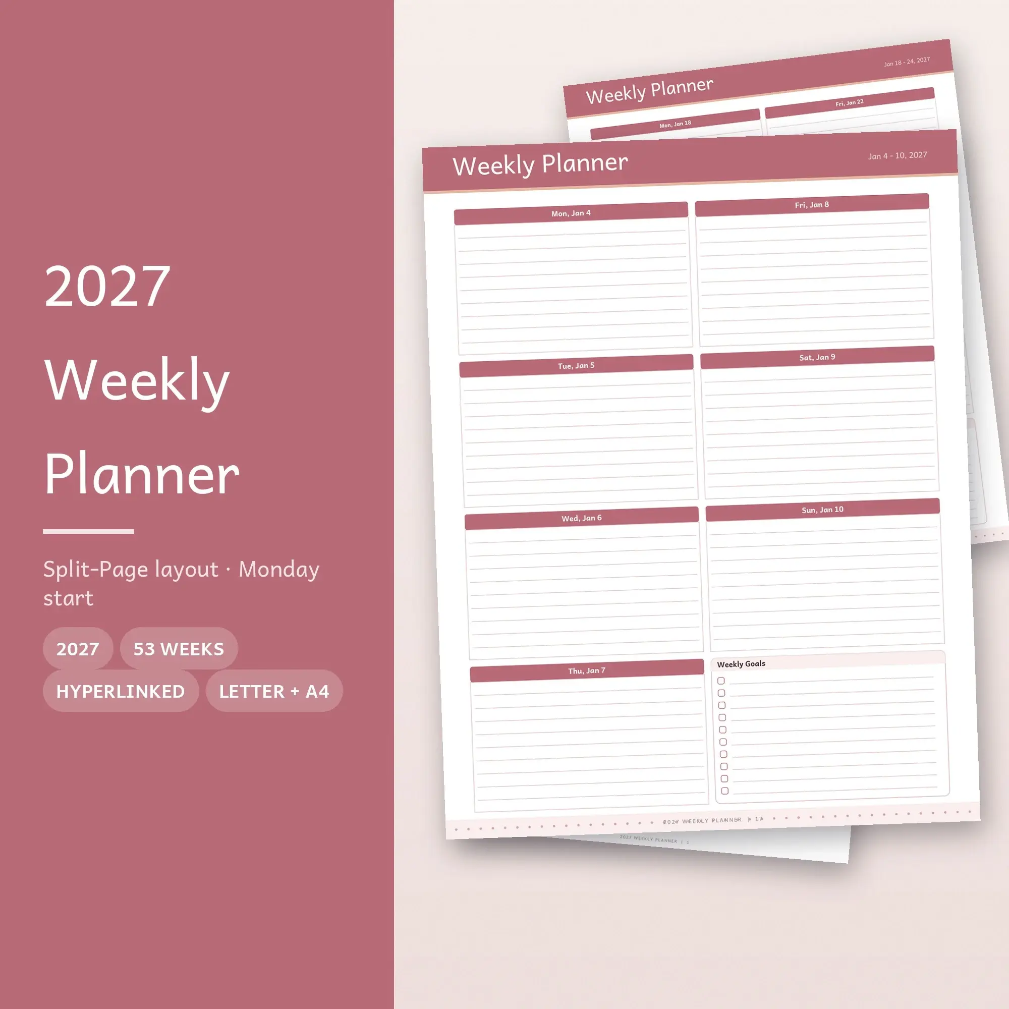 Cozy 2027 Digital Planner, Weekly Layout, Tablet + Print PDF (US Letter A4) preview