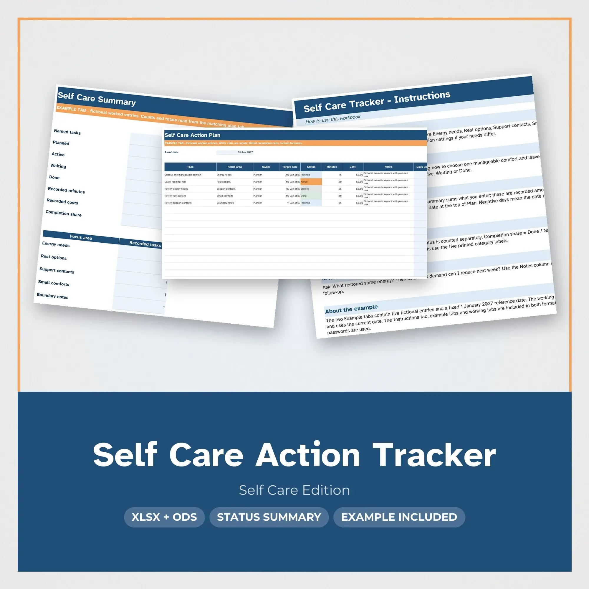 Self Care Action Tracker Spreadsheet, XLSX + ODS preview