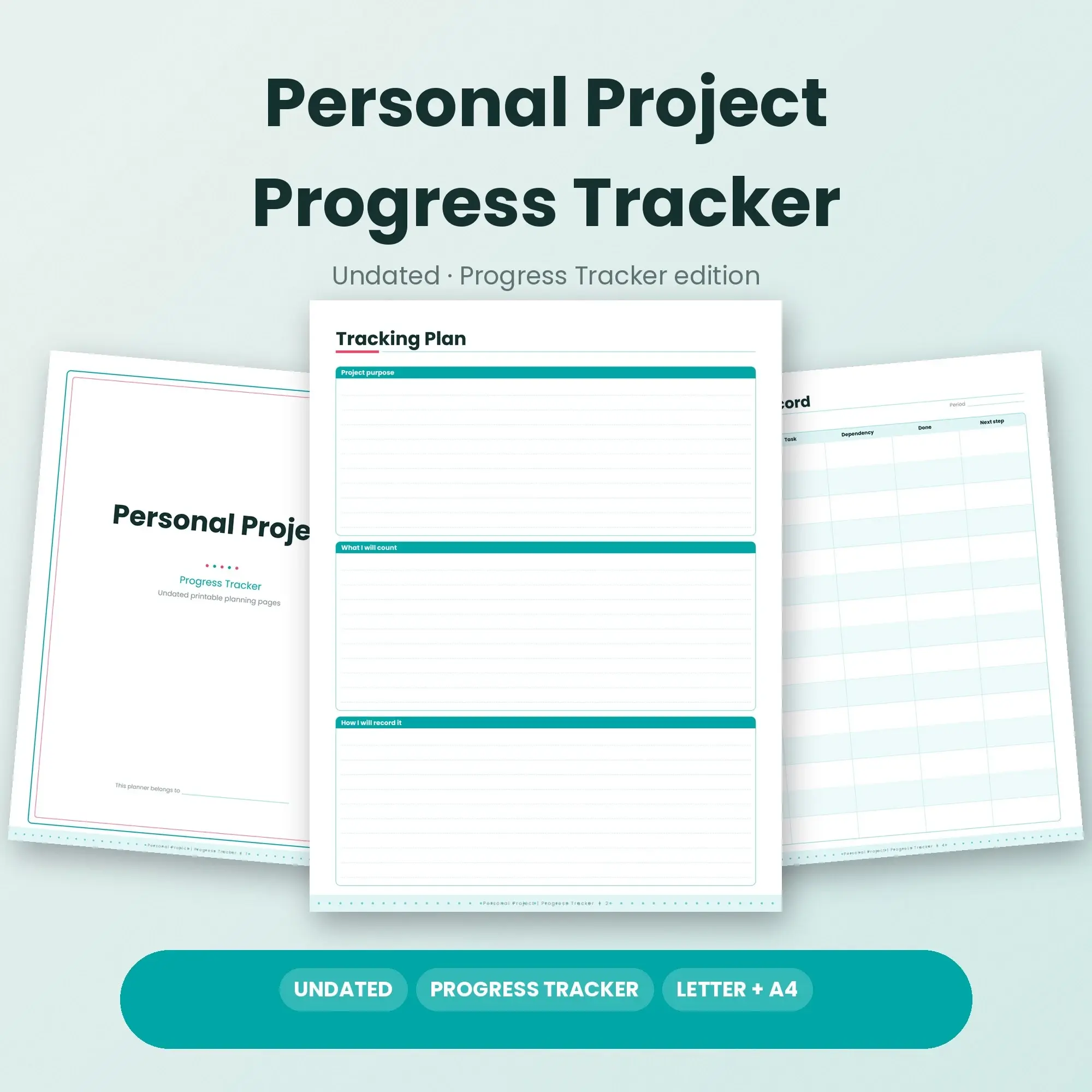 Personal Project Progress Tracker Planner PDF - Aqua preview