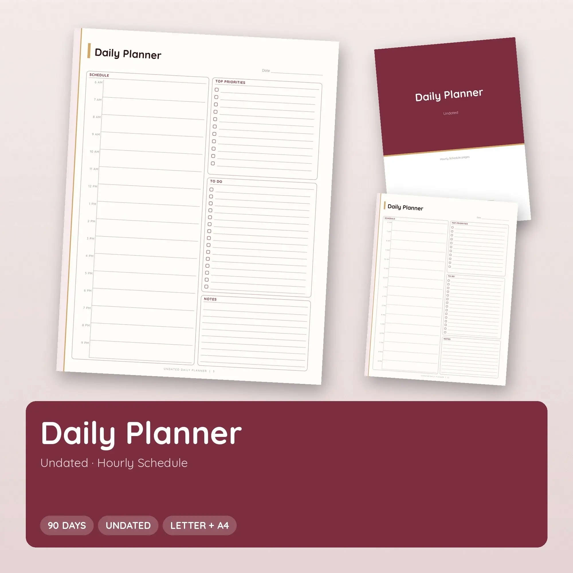Clean Daily Planner Printable, Undated Burgundy PDF preview