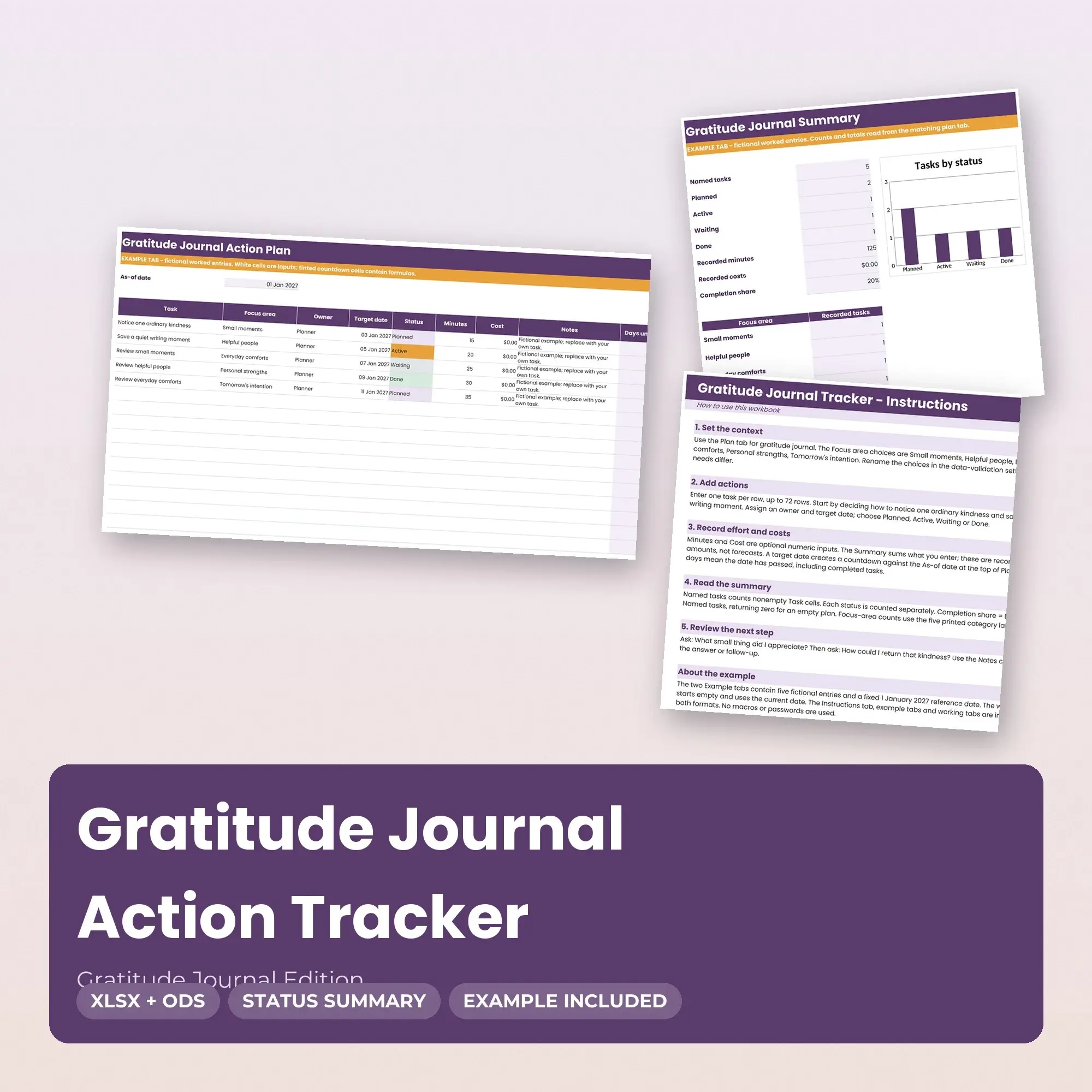 Gratitude Journal Action Tracker Spreadsheet, XLSX + ODS preview