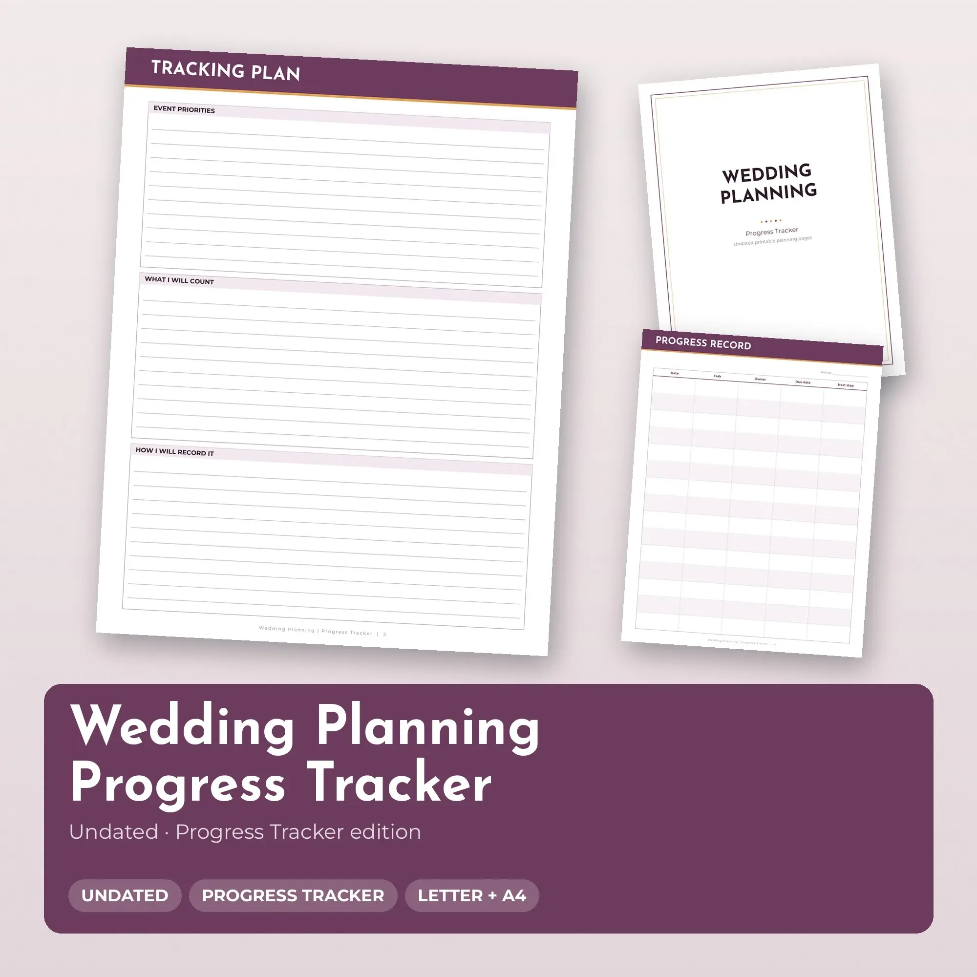 Wedding Planning Progress Tracker Planner PDF - Plum preview