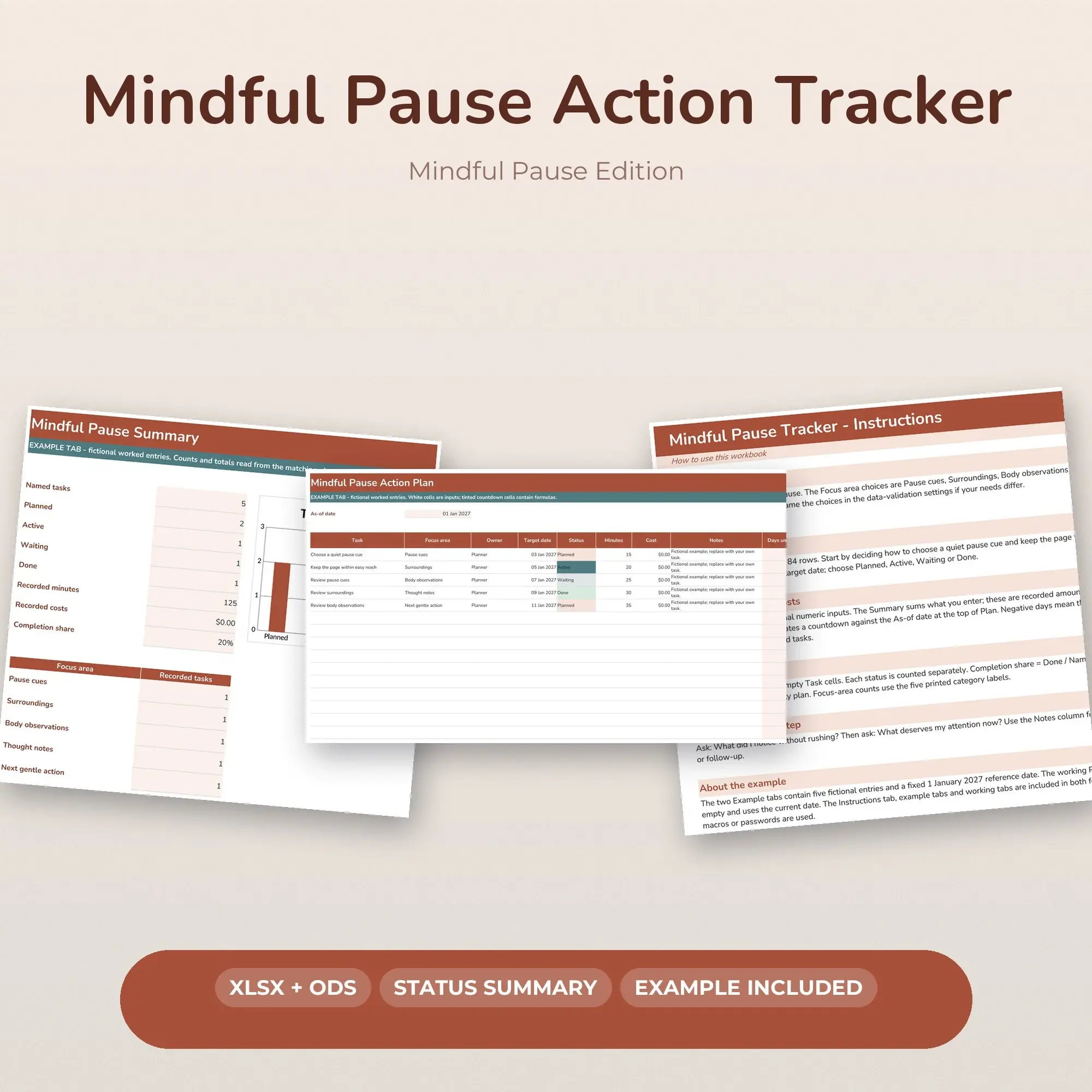 Mindful Pause Action Tracker Spreadsheet, XLSX + ODS preview