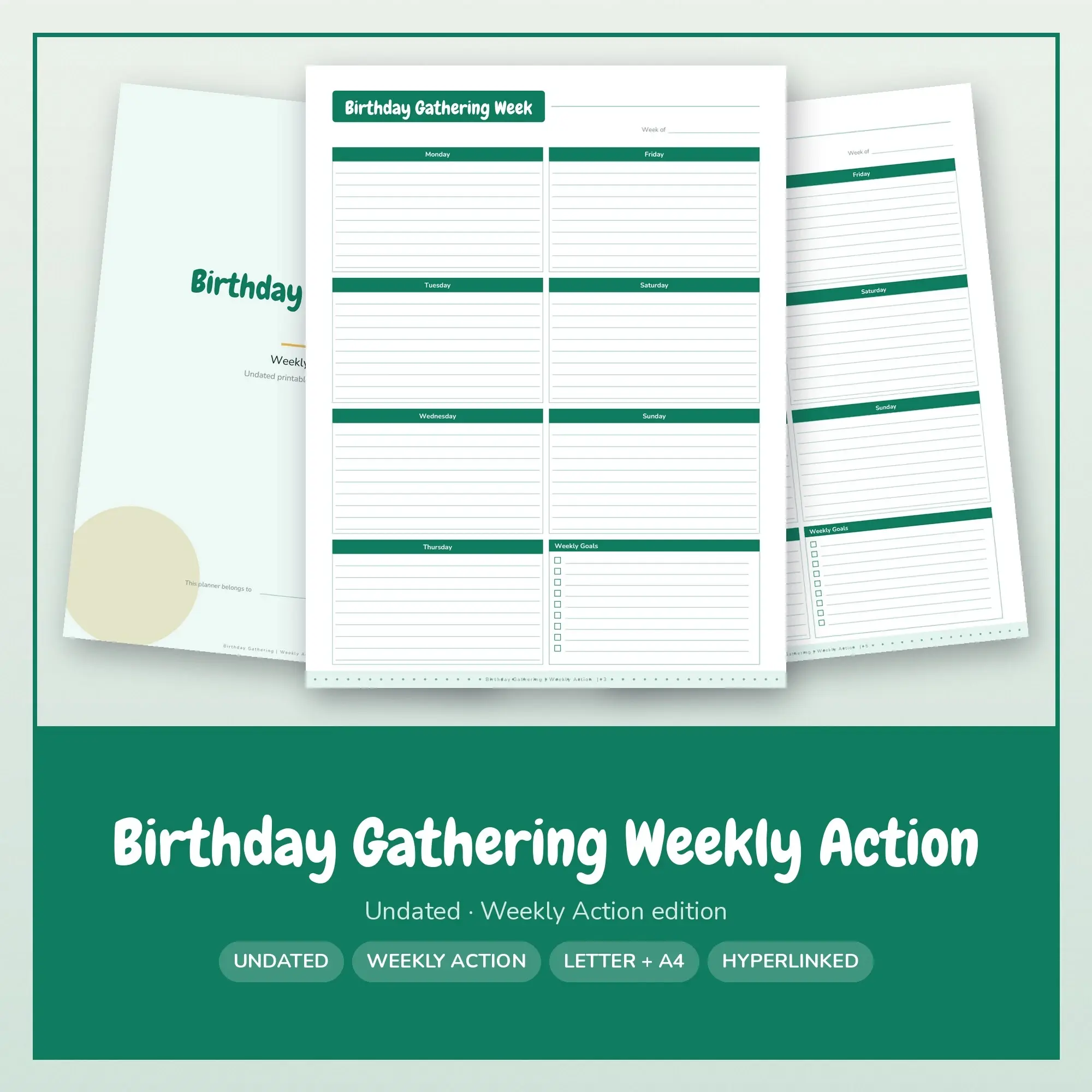 Birthday Gathering Weekly Action Planner PDF - Emerald preview
