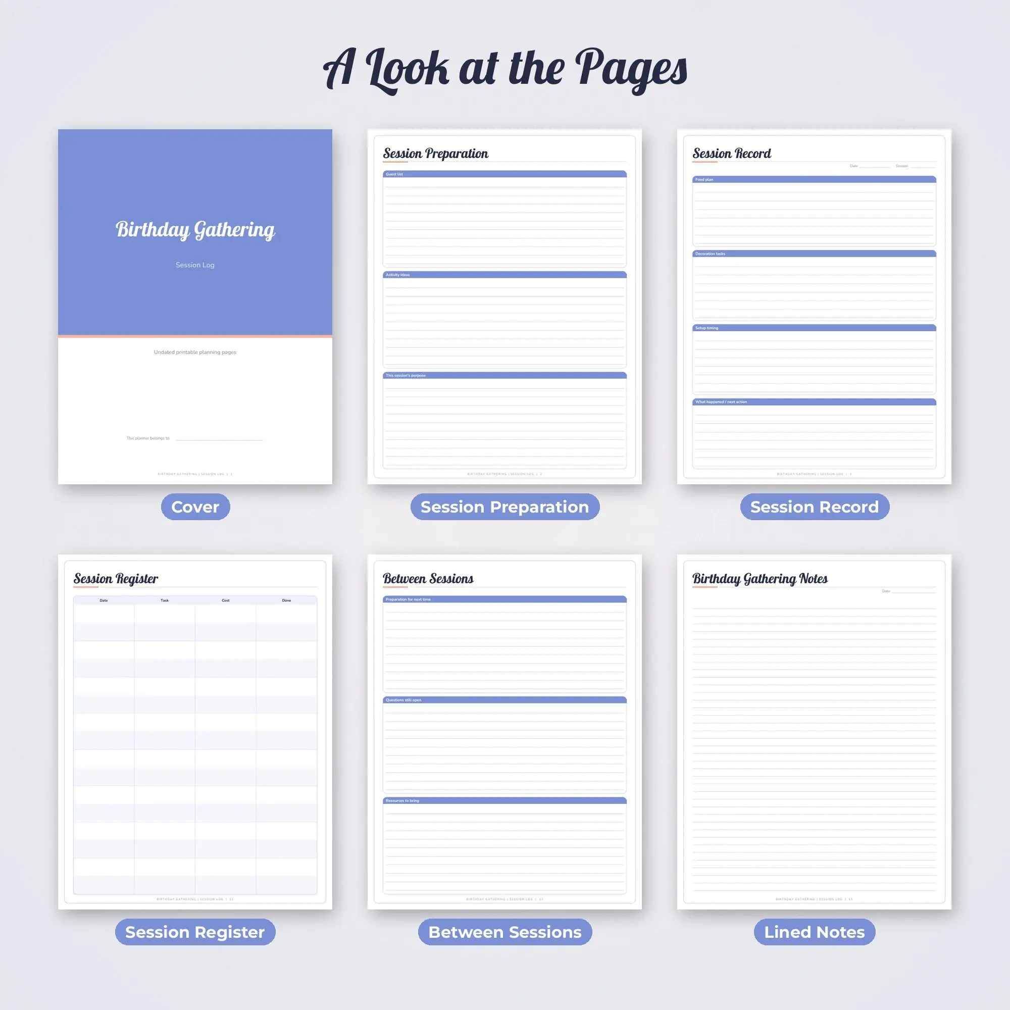 Birthday Gathering Session Log Planner PDF - Periwinkle, preview 2 of 2
