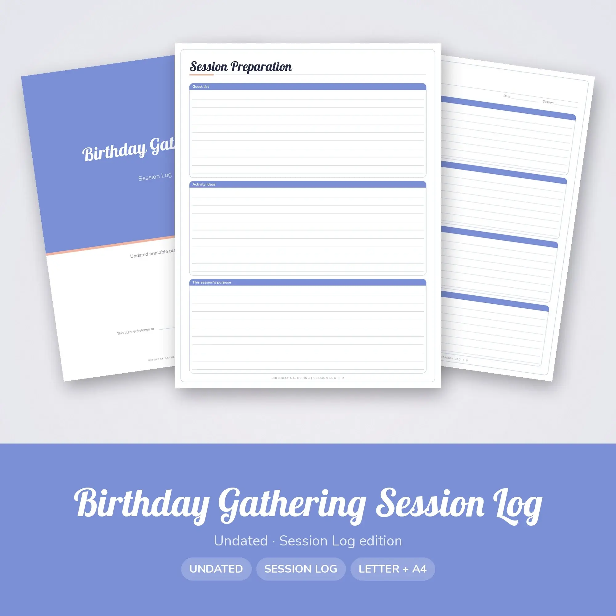 Birthday Gathering Session Log Planner PDF - Periwinkle preview