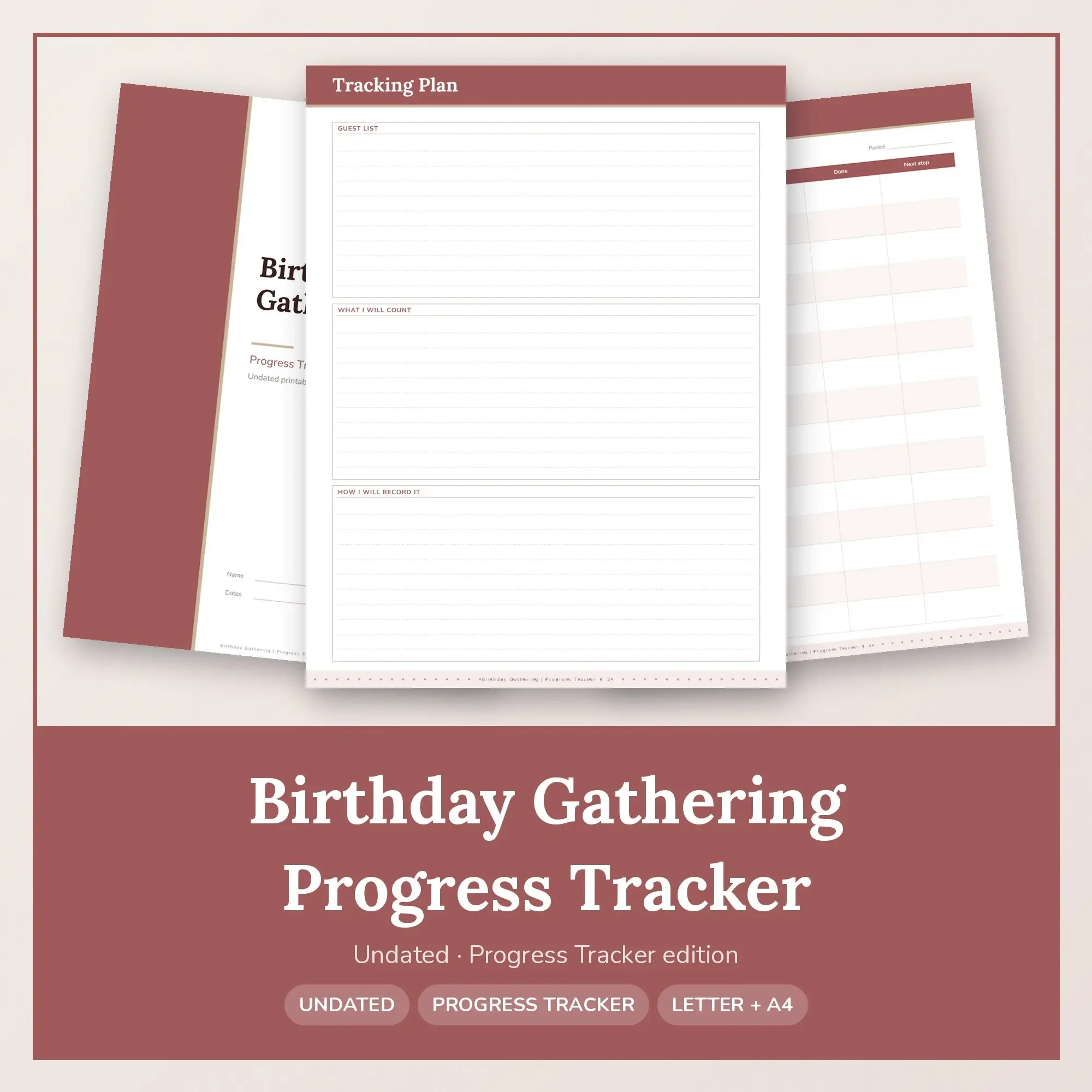 Birthday Gathering Progress Tracker Planner PDF - Rosewood preview