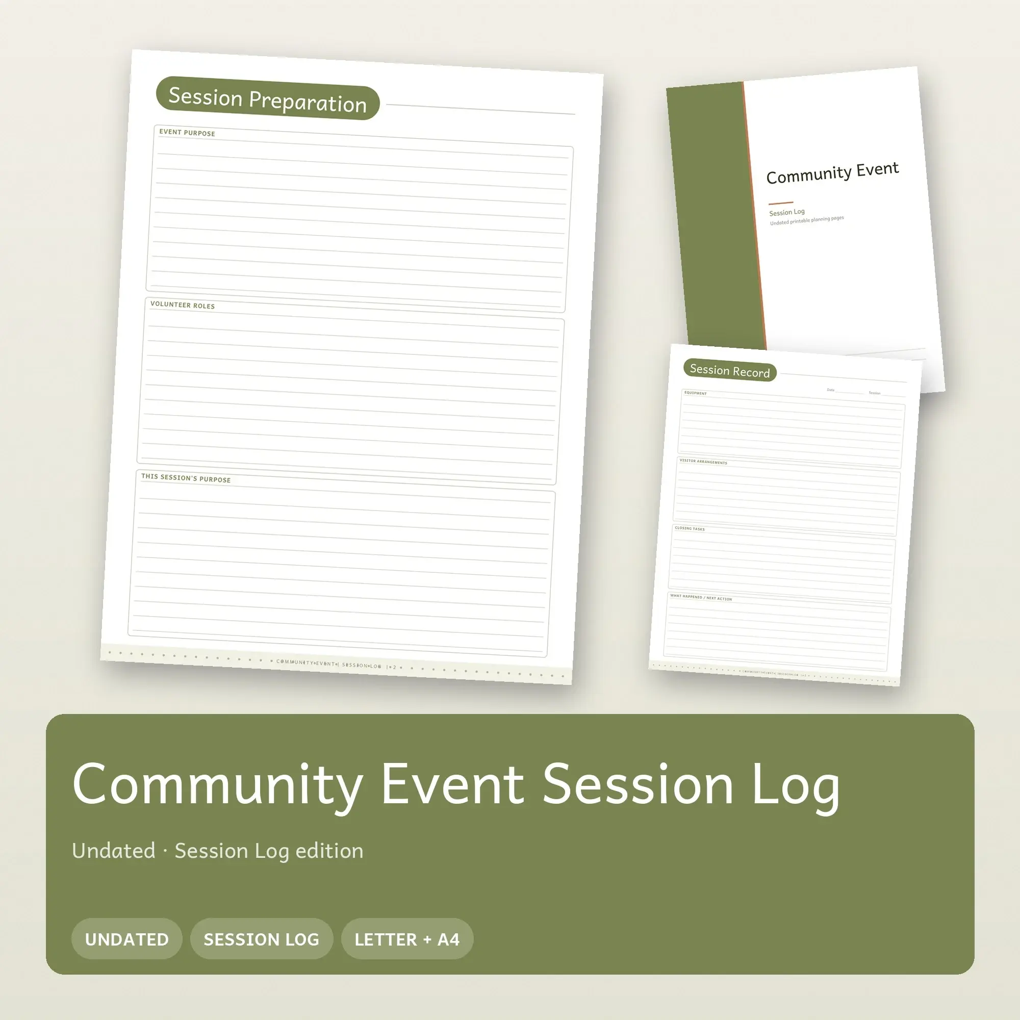 Community Event Session Log Planner PDF - Olive preview