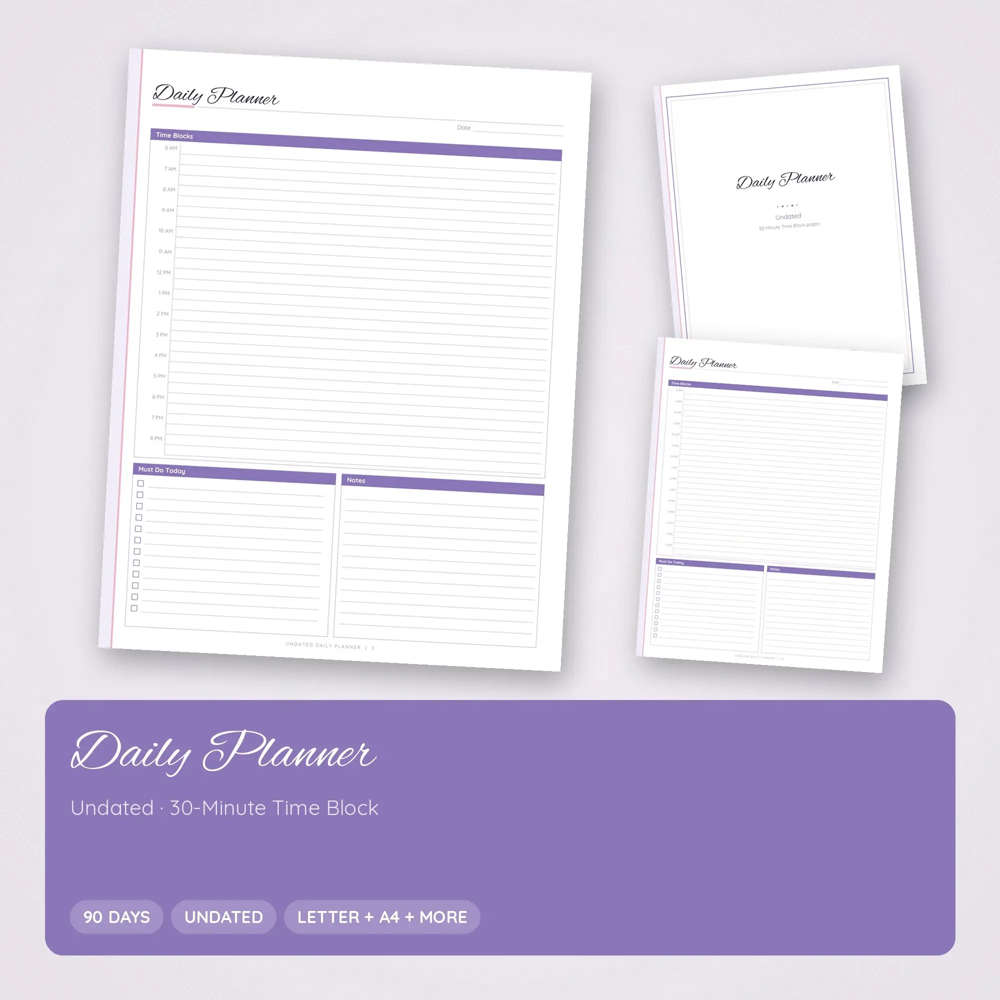 Undated Daily Planner PDF, 30-Minute Time Block, Lavender preview