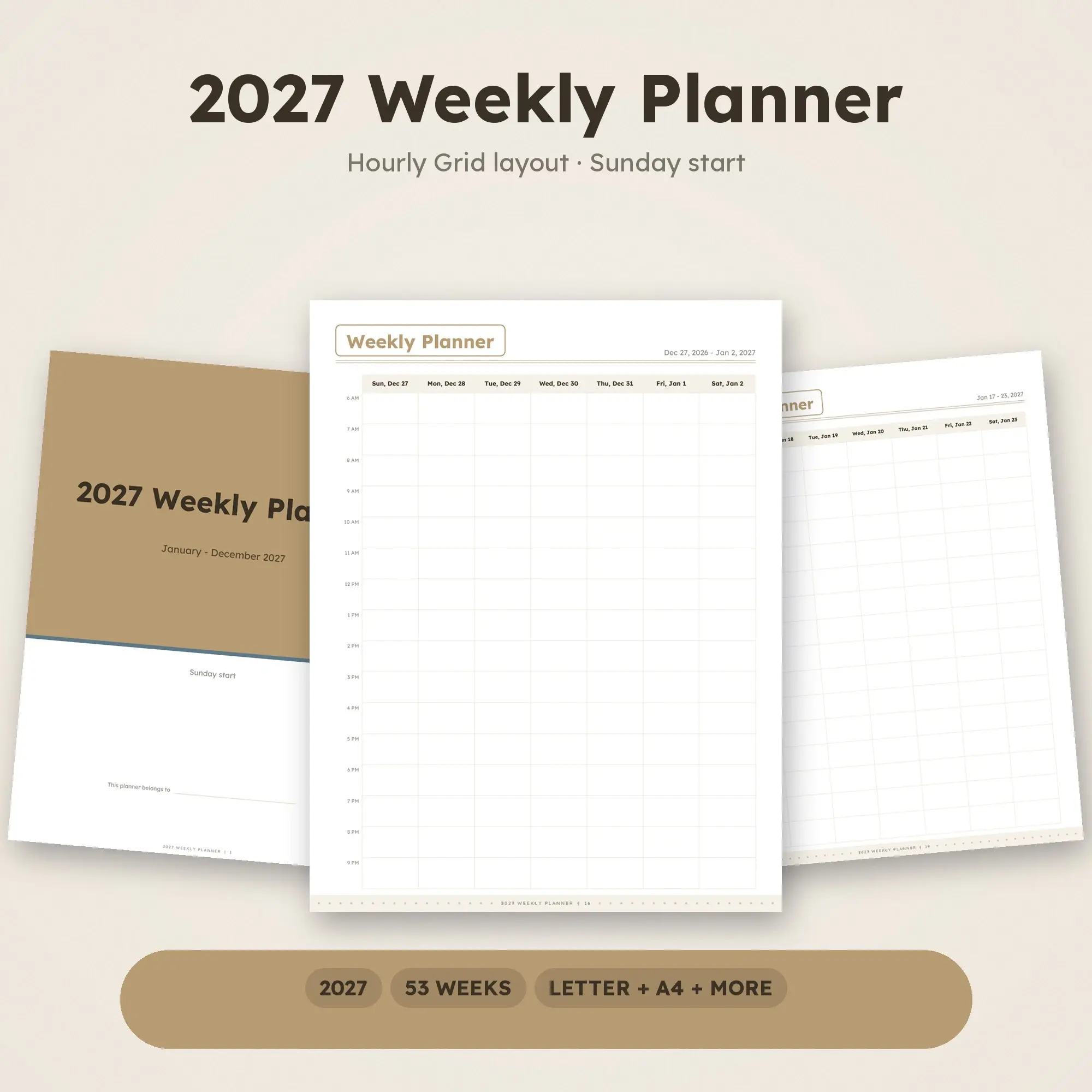 2027 Weekly Planner Printable, Clean Sand PDF preview