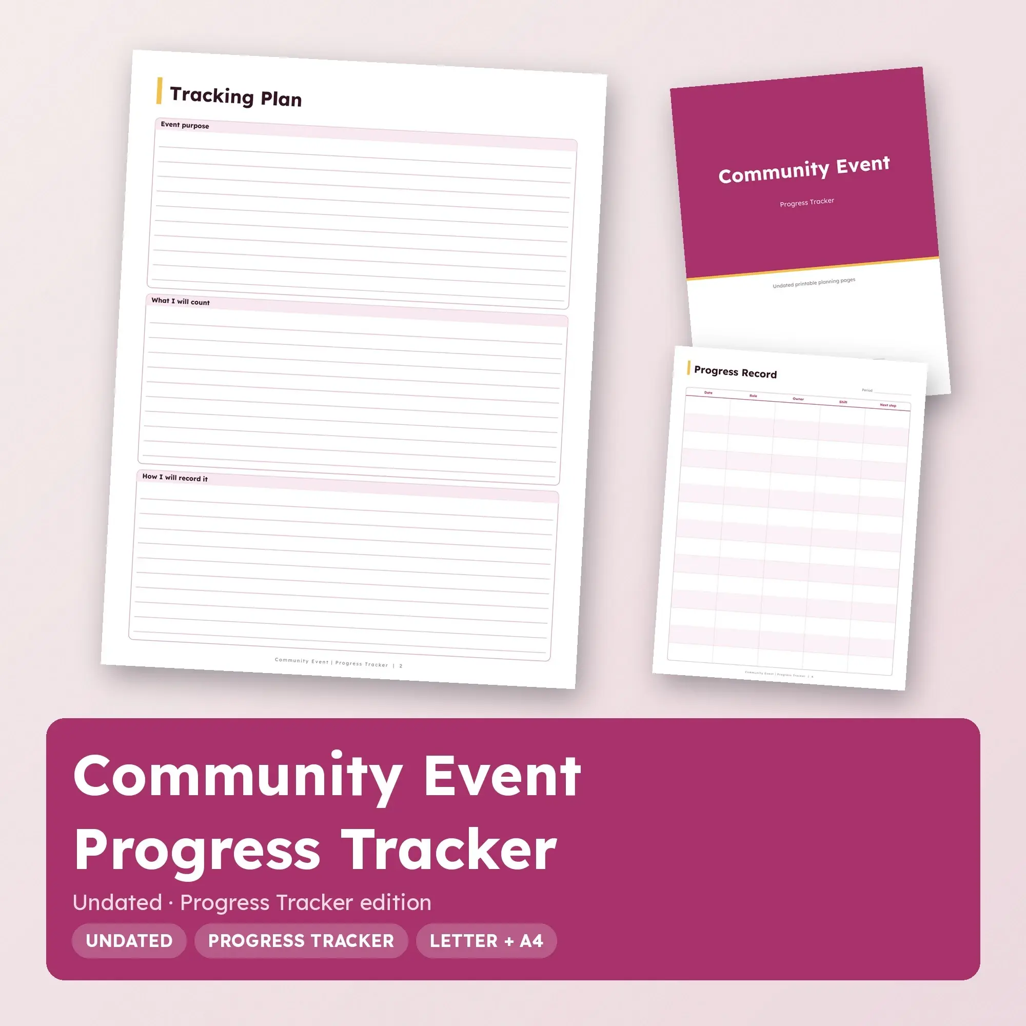 Community Event Progress Tracker Planner PDF - Berry preview