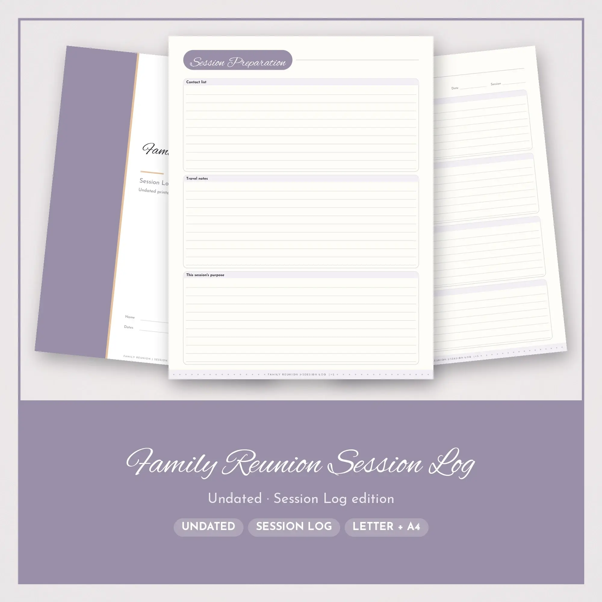 Family Reunion Session Log Planner PDF - Lilac preview