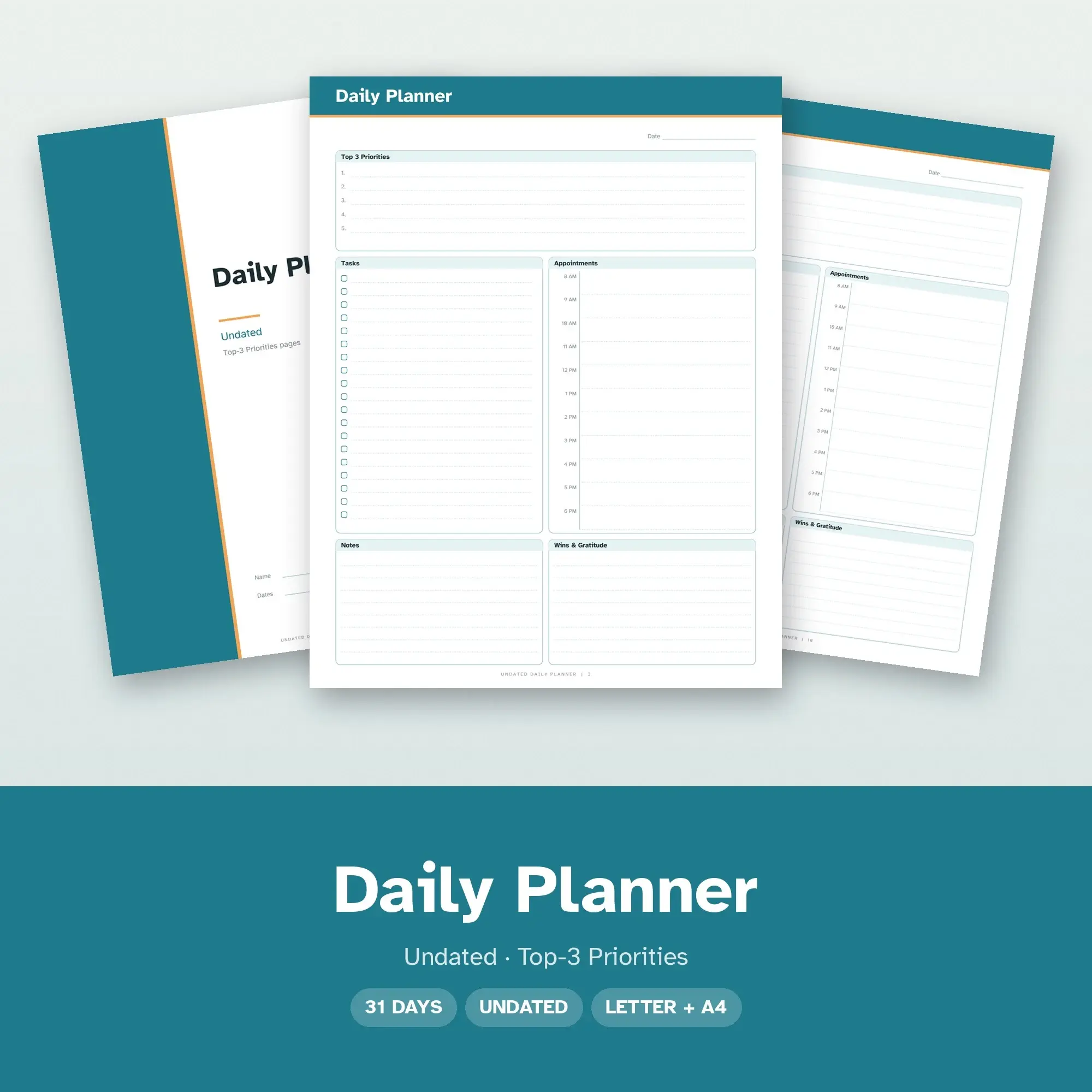 Daily Planner Printable - Top-3 Priorities Layout, Undated - Ocean Teal preview