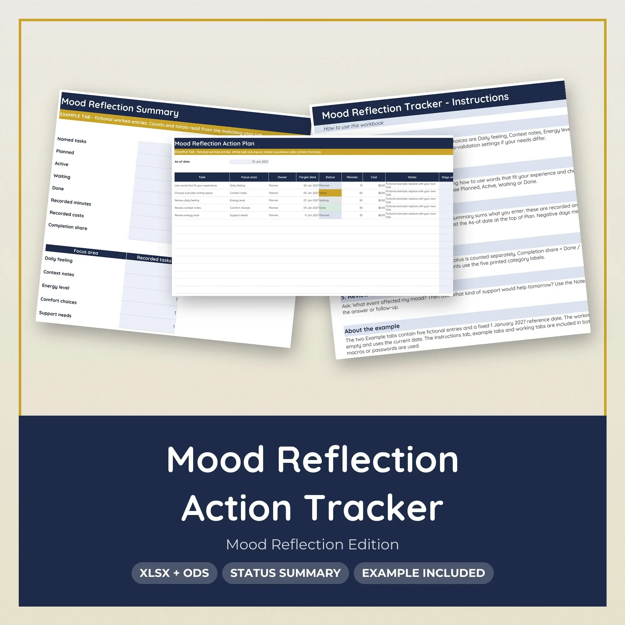 Mood Reflection Action Tracker Spreadsheet, XLSX + ODS preview