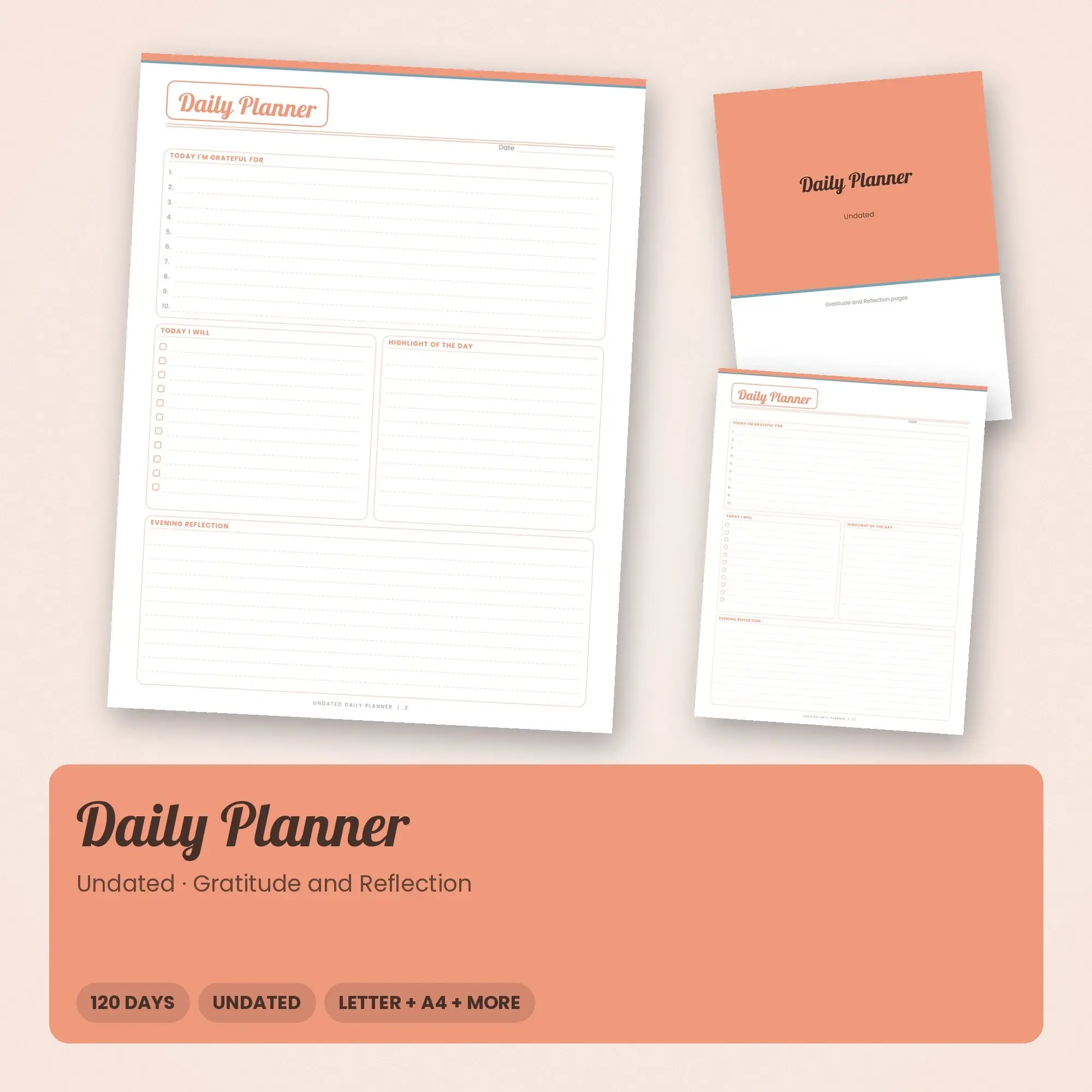 Daily Planner Undated Printable, 120 Pages, Peach preview
