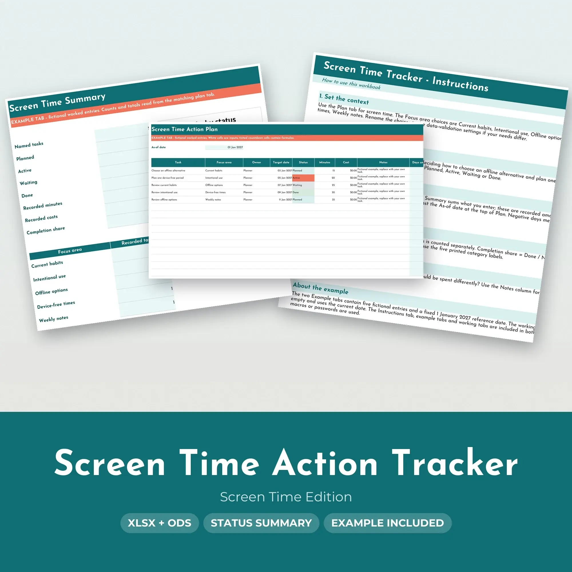 Screen Time Action Tracker Spreadsheet, XLSX + ODS preview