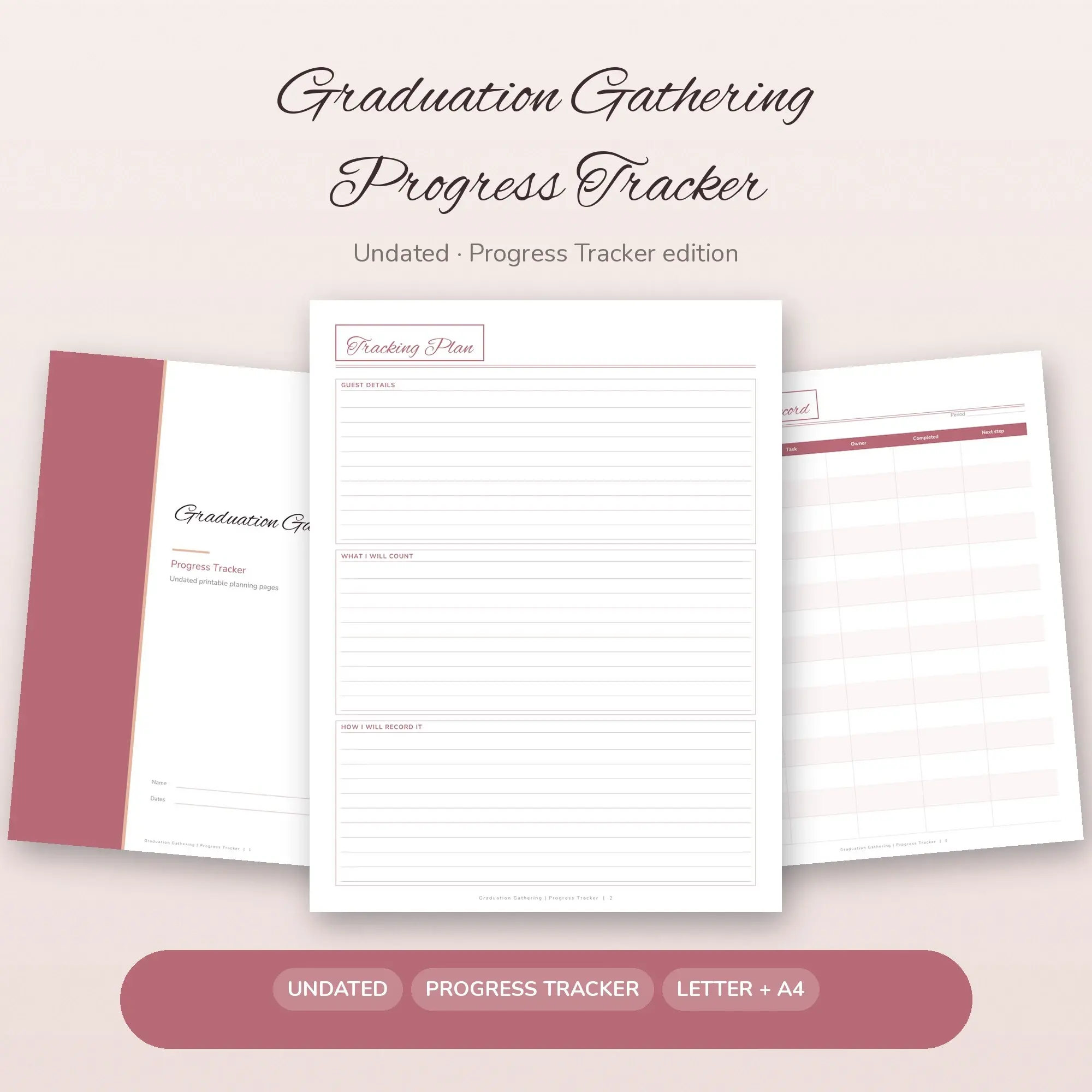 Graduation Gathering Progress Tracker Planner PDF - Dusty Rose preview