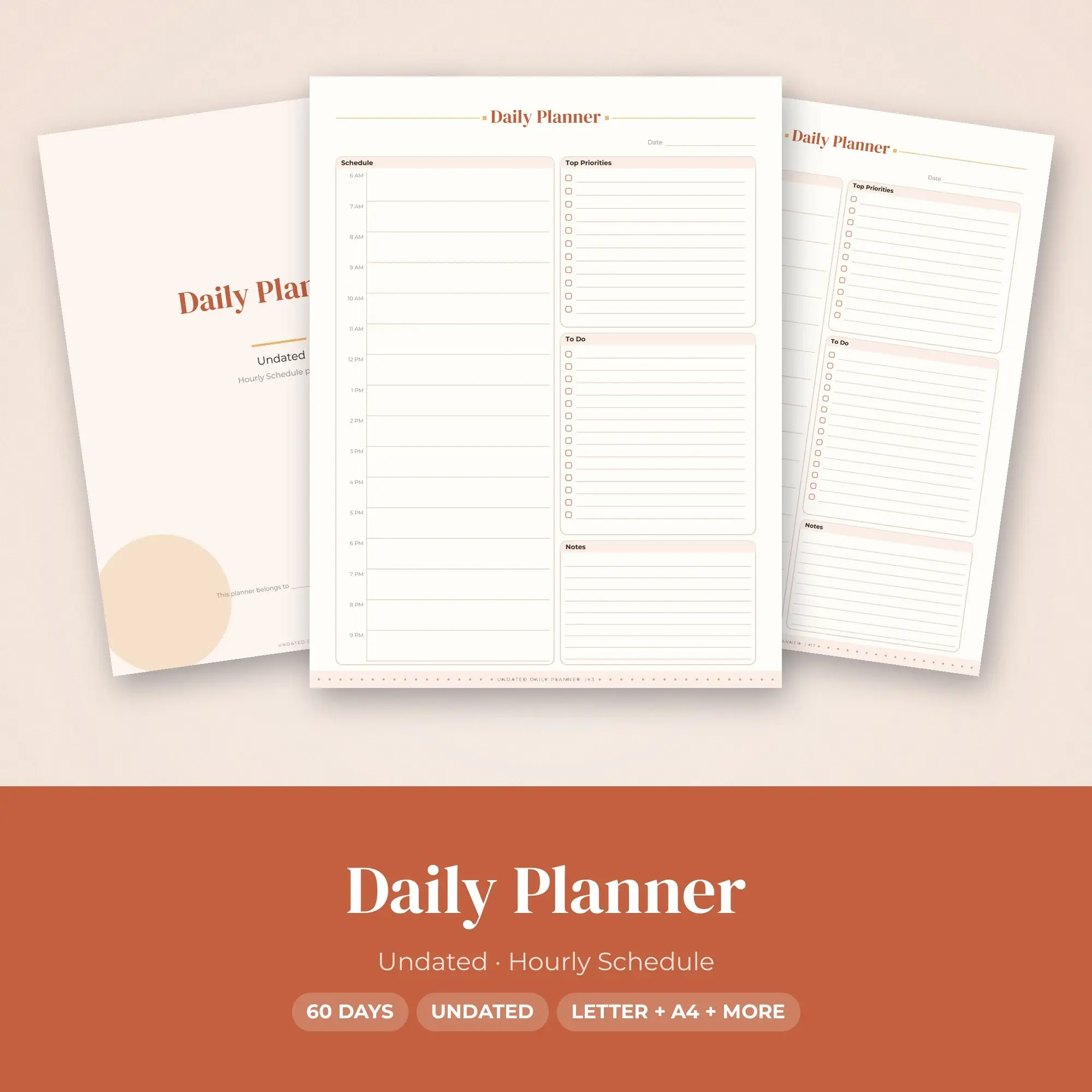 Elegant Daily Planner Printable, Undated Terracotta PDF preview