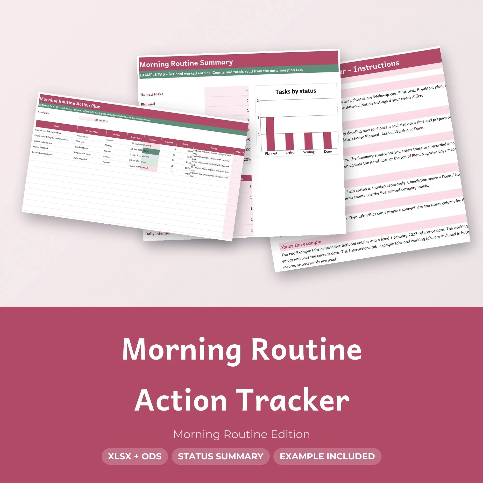 Morning Routine Action Tracker Spreadsheet, XLSX + ODS preview