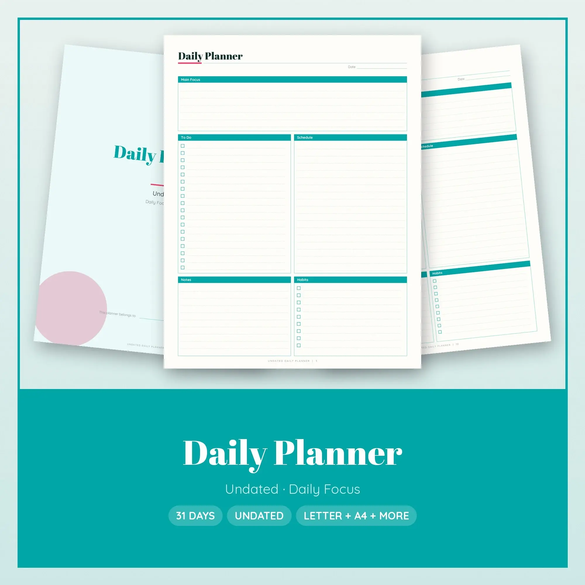 Daily Focus Daily Planner Printable, Elegant Aqua preview