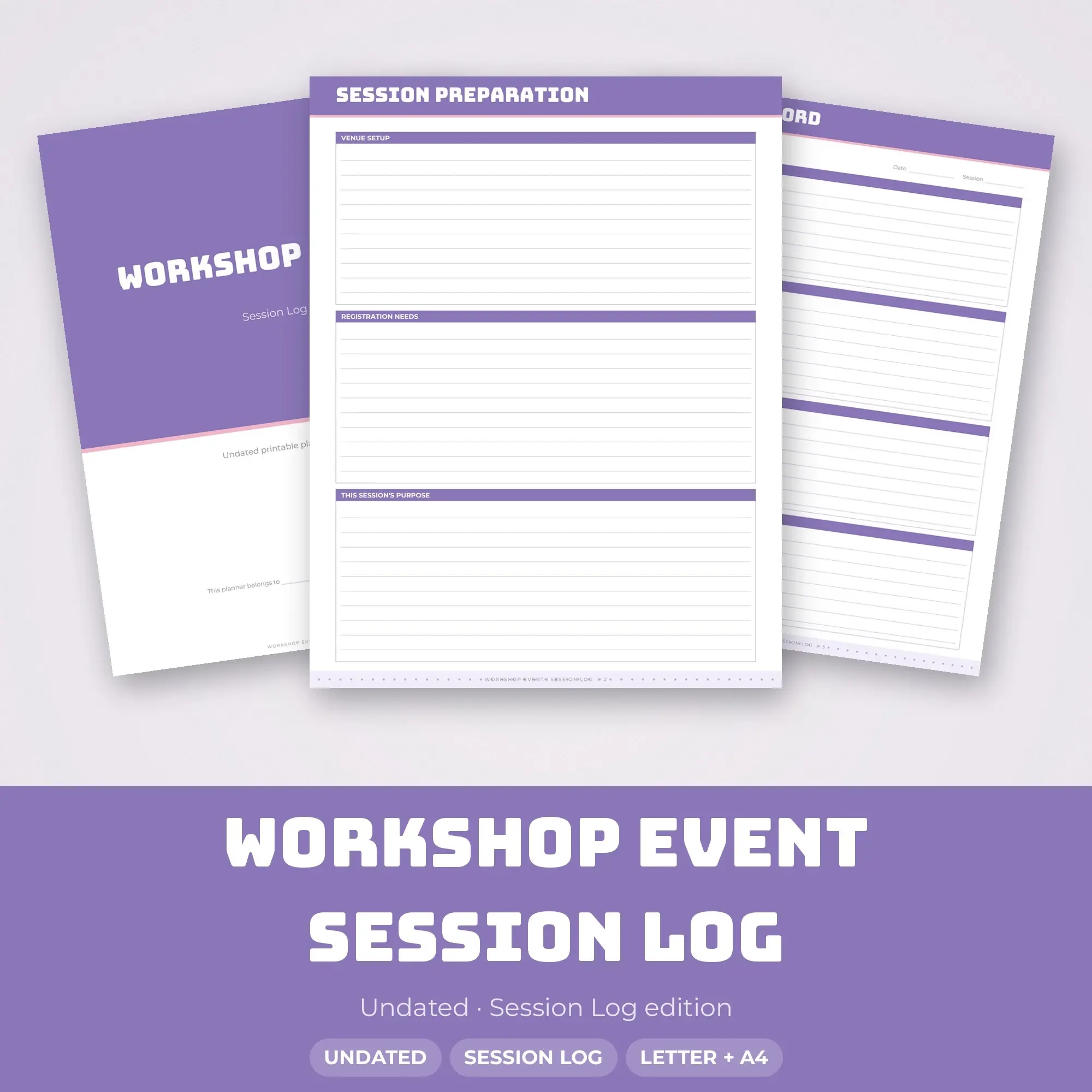 Workshop Event Session Log Planner PDF - Lavender preview
