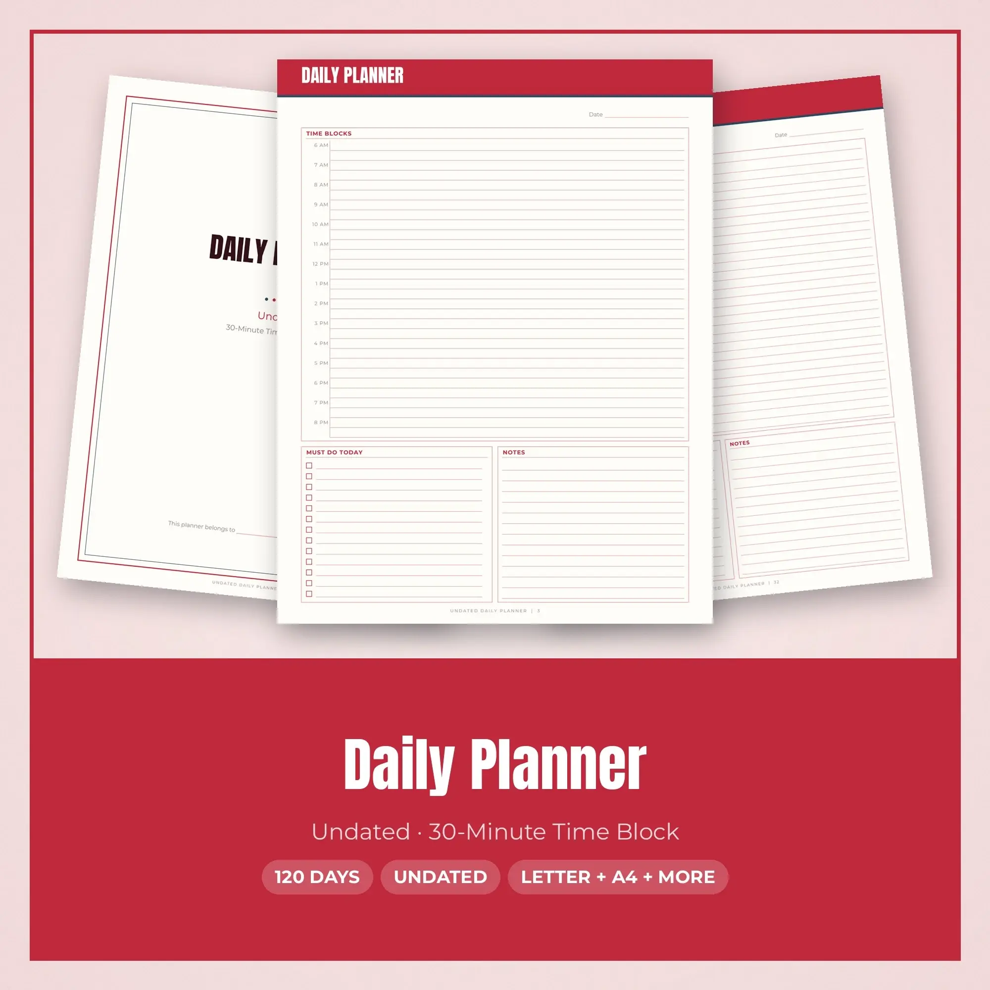 Undated Daily Planner PDF, 30-Minute Time Block, Cherry preview