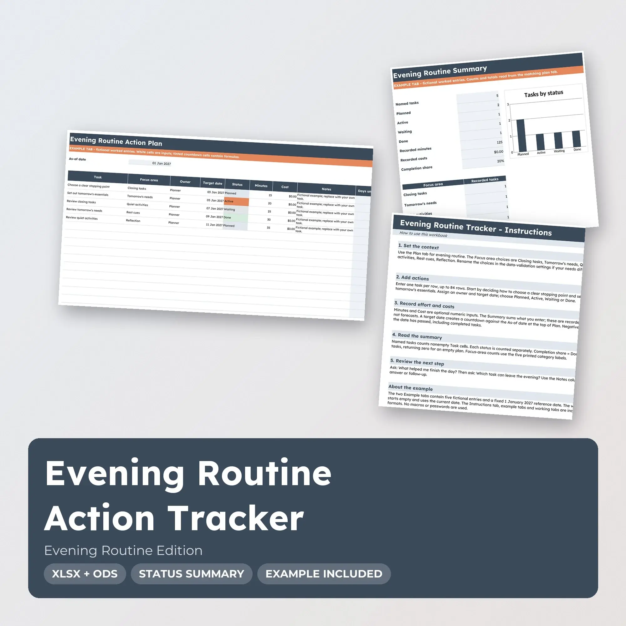 Evening Routine Action Tracker Spreadsheet, XLSX + ODS preview