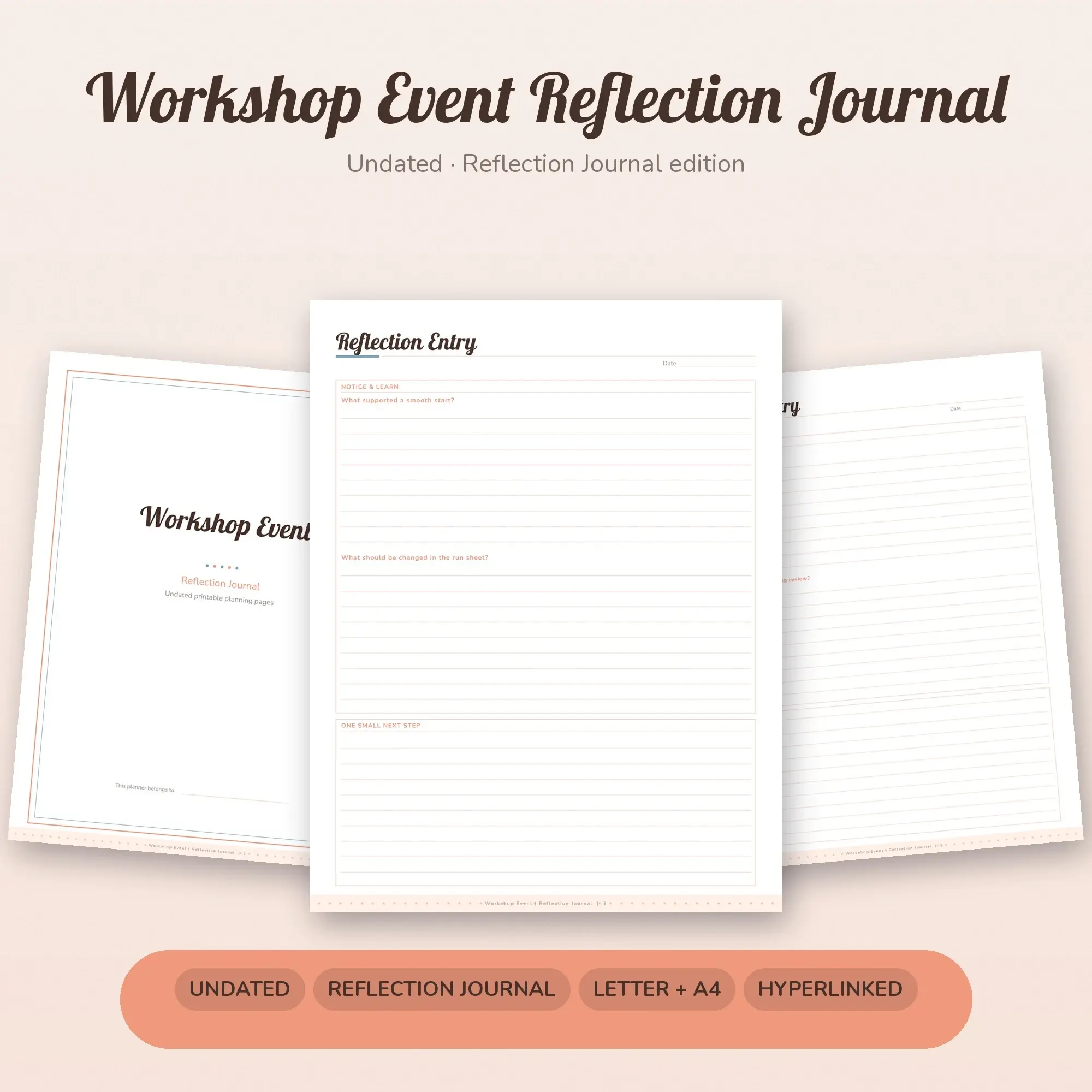 Workshop Event Reflection Journal Planner PDF - Peach preview