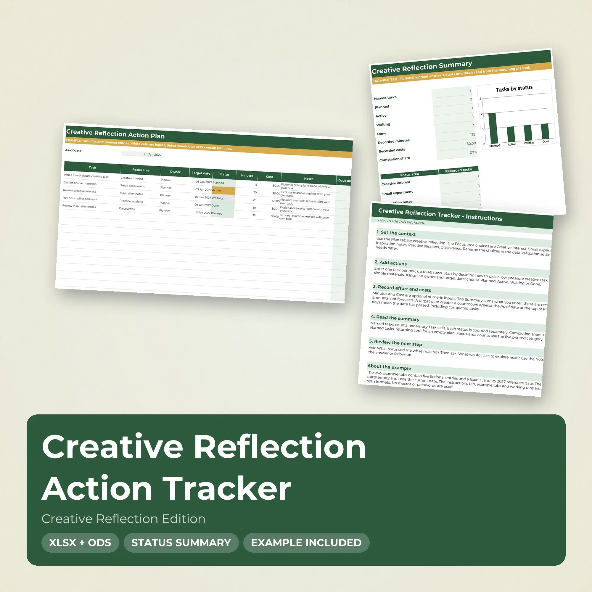 Creative Reflection Action Tracker Spreadsheet, XLSX + ODS preview
