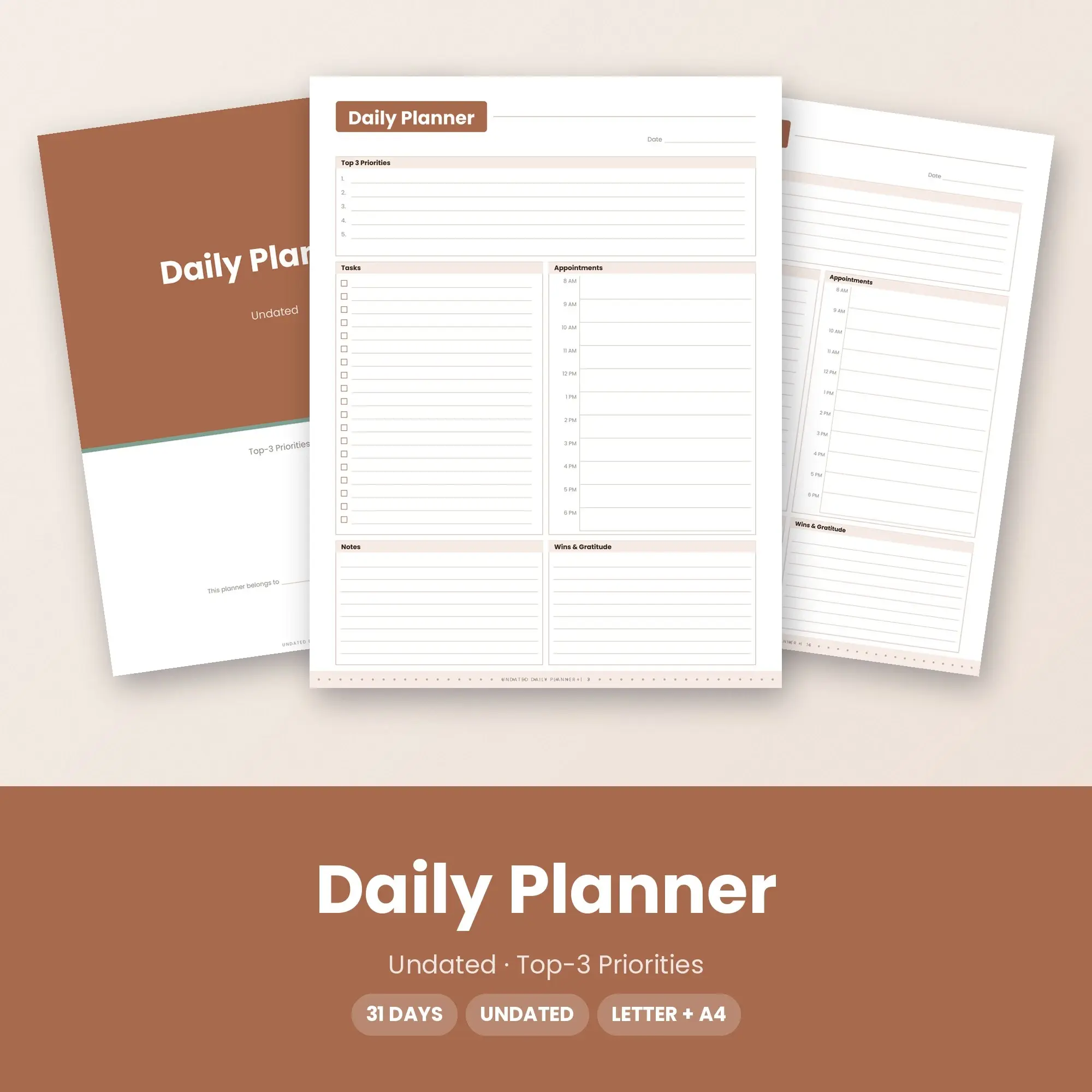 Daily Planner Printable - Top-3 Priorities Layout, Undated - Clay preview