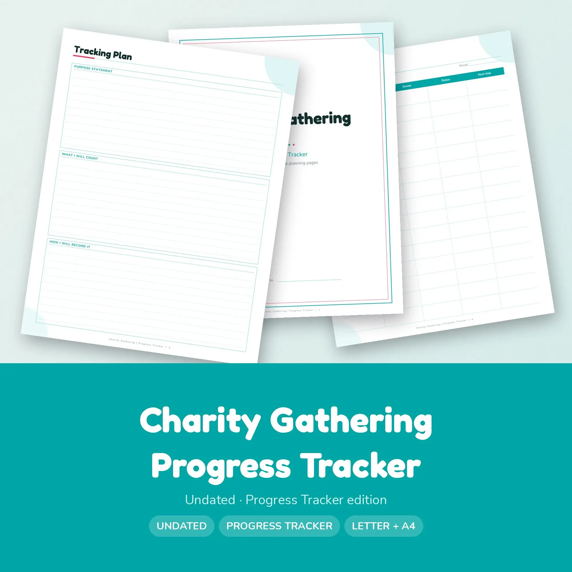 Charity Gathering Progress Tracker Planner PDF - Aqua preview