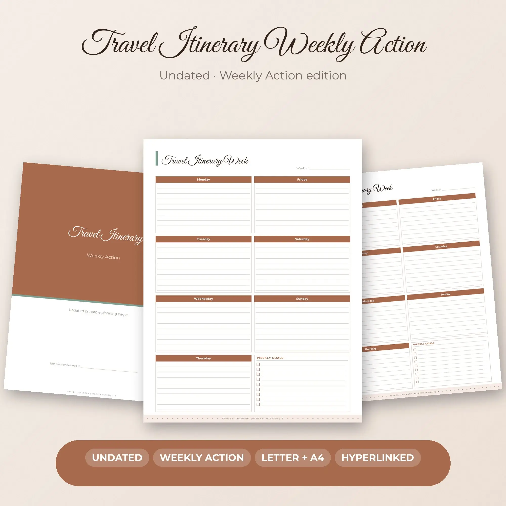 Travel Itinerary Weekly Action Planner PDF - Clay preview