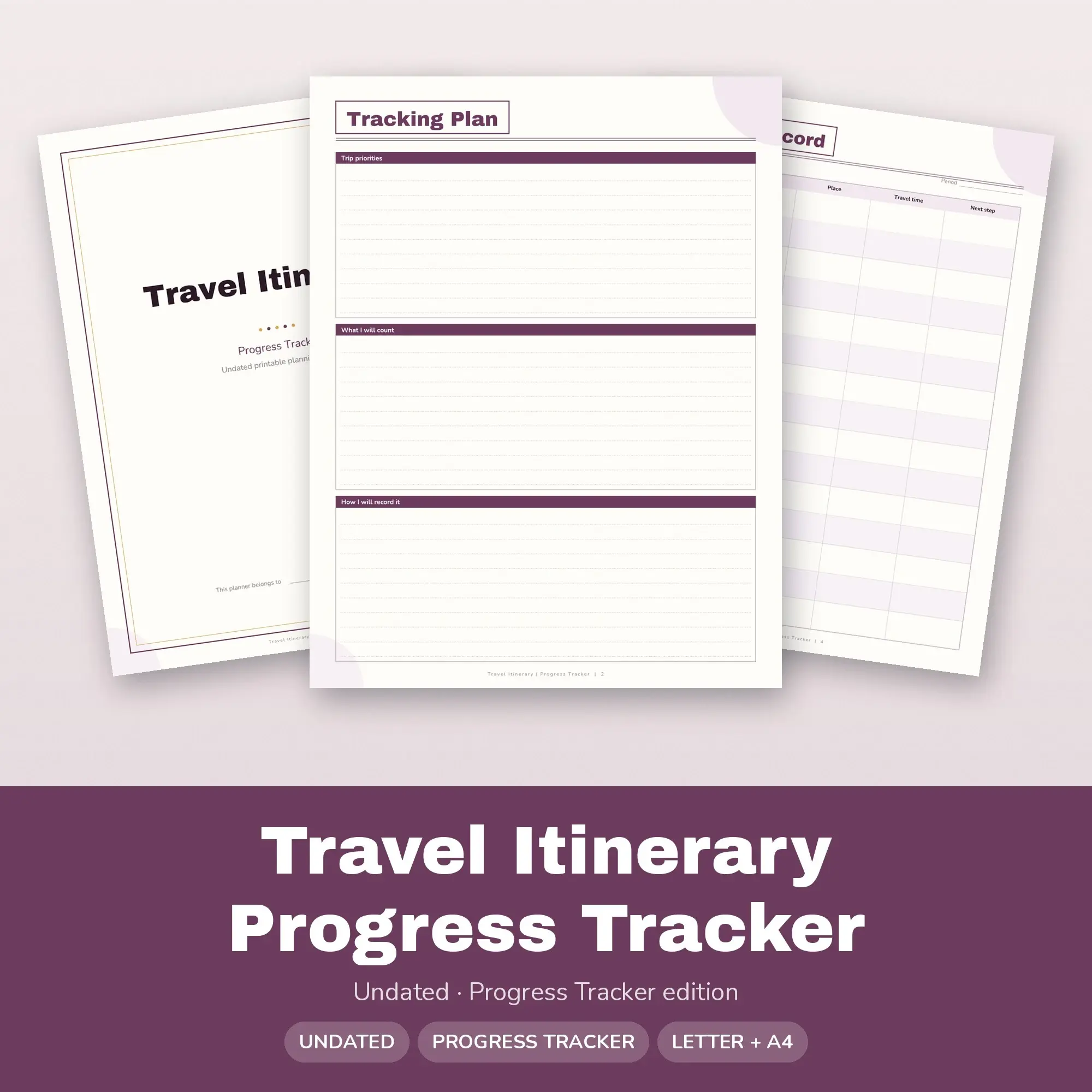 Travel Itinerary Progress Tracker Planner PDF - Plum preview