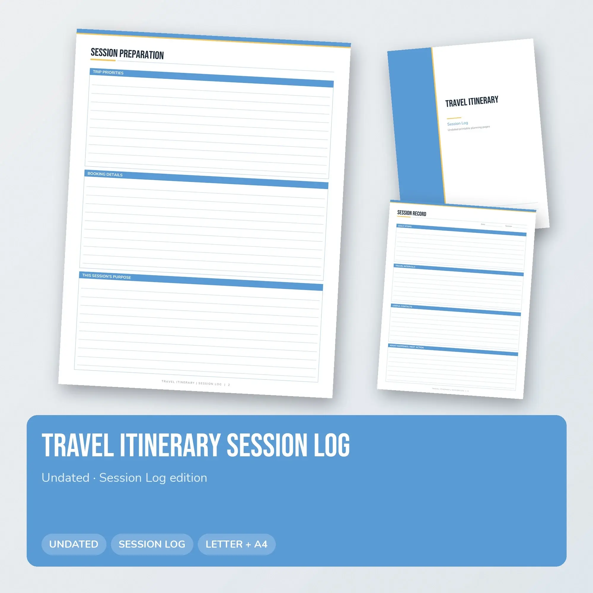 Travel Itinerary Session Log Planner PDF - Sky Blue preview