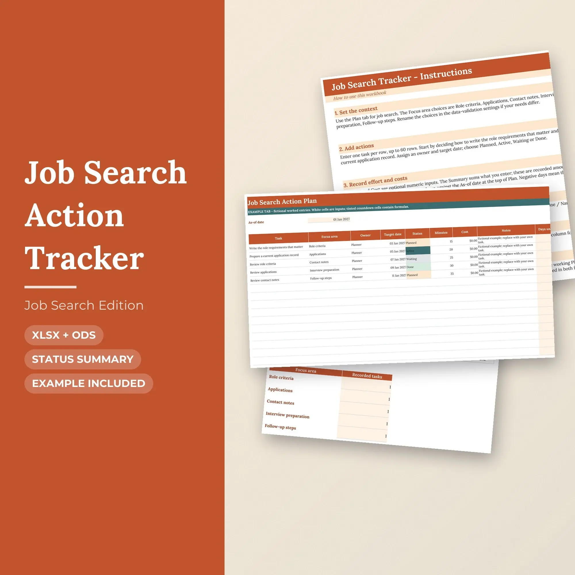 Job Search Action Tracker Spreadsheet, XLSX + ODS preview