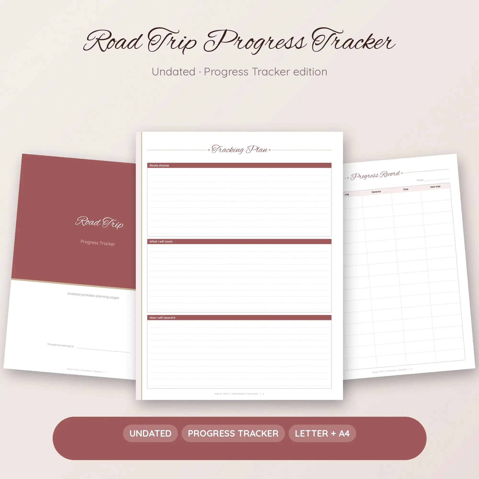 Road Trip Progress Tracker Planner PDF - Rosewood preview